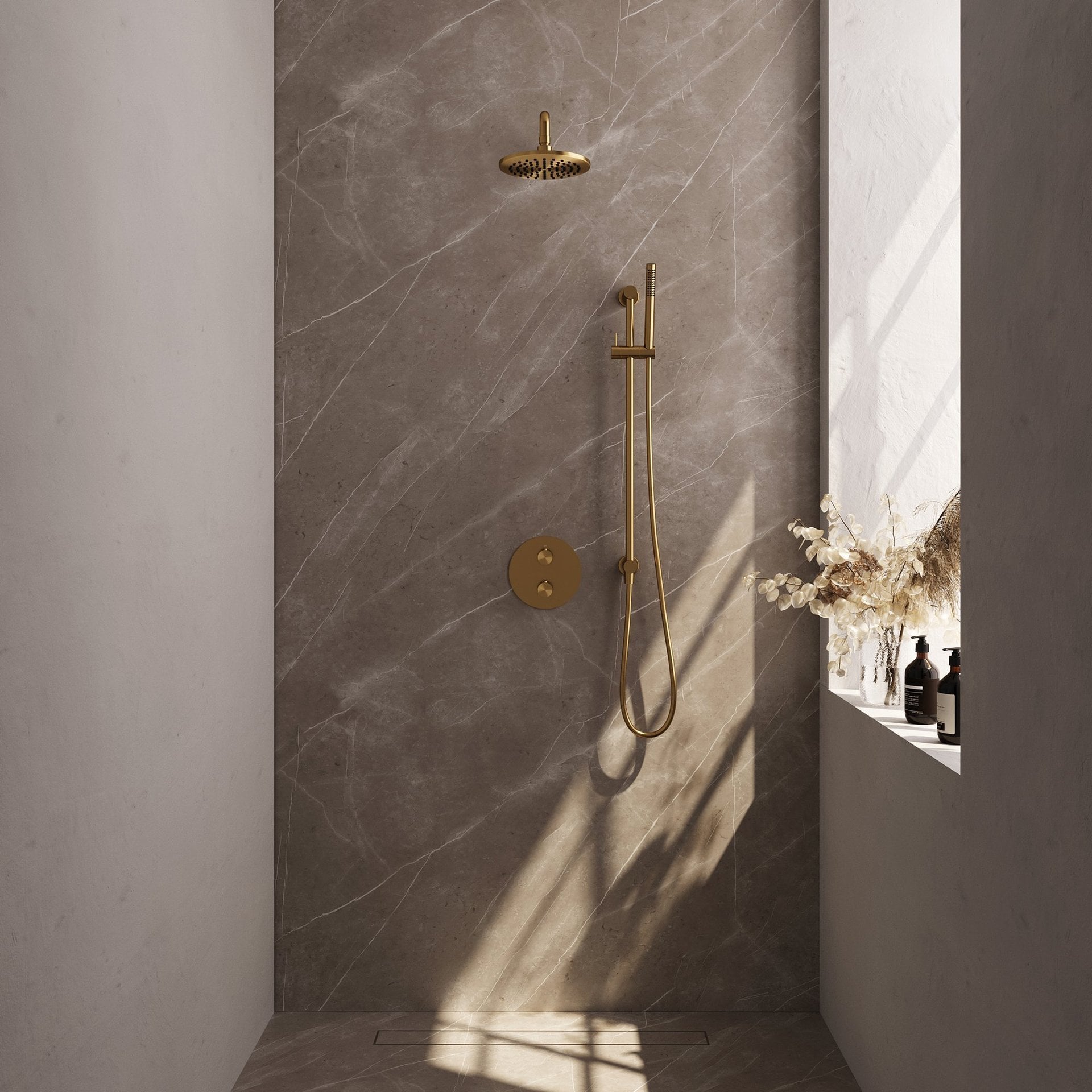 BRAUER Gold Carving thermostatische inbouw regendouche 3-weg rond SET 87 met 20 cm douchekop en gebogen muurarm en staaf handdouche en doucheslang en geïntegreerde glijstang goud geborsteld PVD