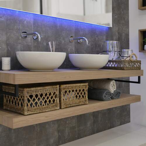 Looox Wooden Base Shelf Duo 100 cm, eiken old grey, Handdoekhouders mat zwart