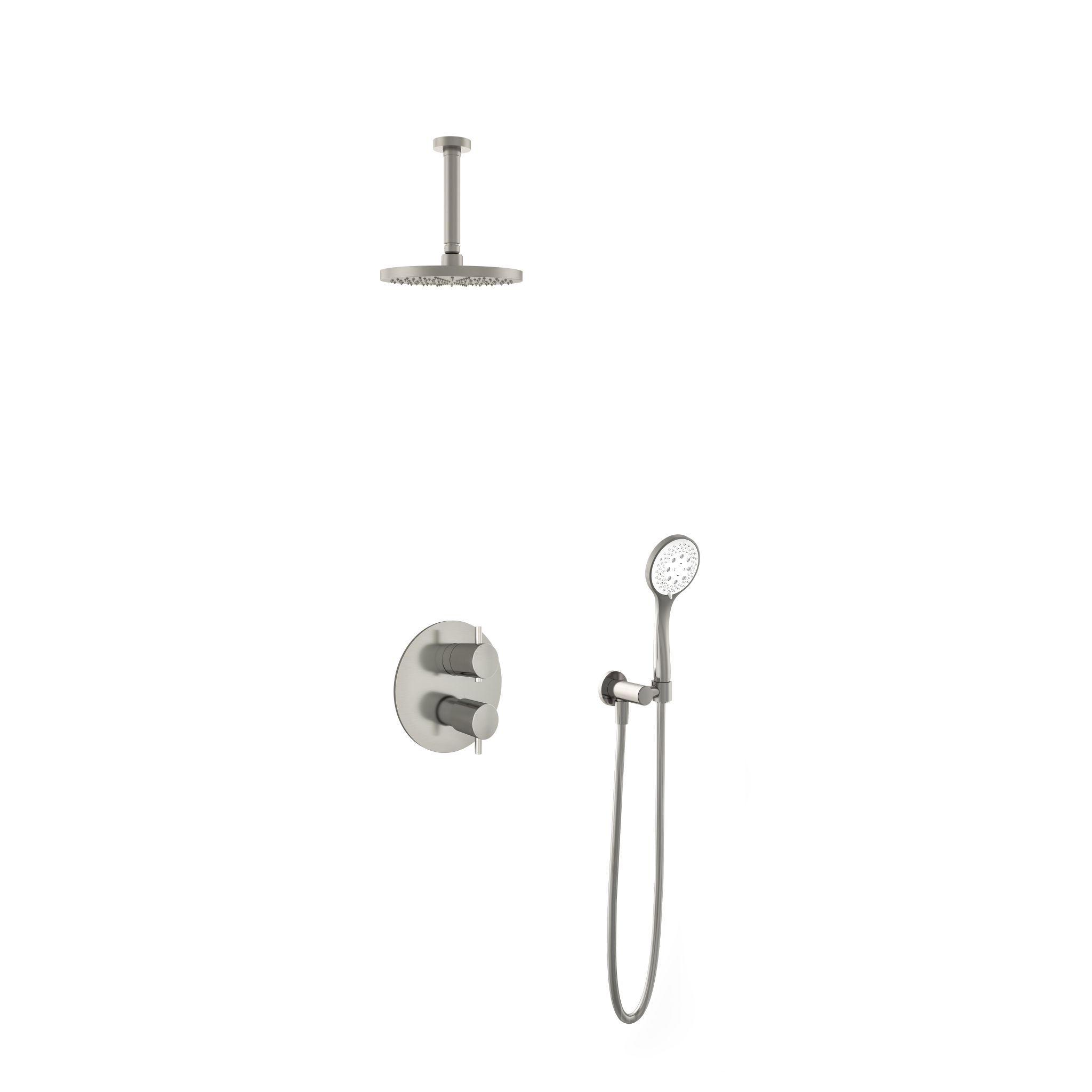 Hotbath Laddy Inbouw Regendoucheset Rond Met 2-Weg-Omstel, Plafondbuis 15cm, Hoofddouche 20cm En 3-Standen Handdouche Geborsteld Nikkel