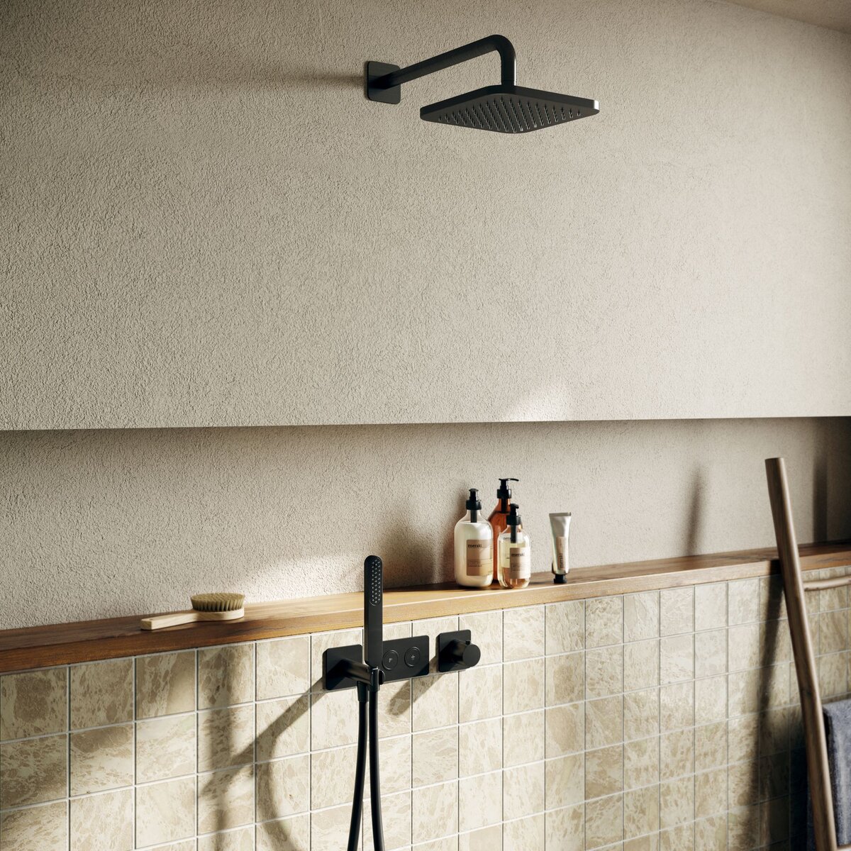 Hotbath Gal Inbouw Regendoucheset Met 2 Pushbuttons, Wandarm, Hoofddouche 22x22cm En Staafhanddouche Mat Zwart