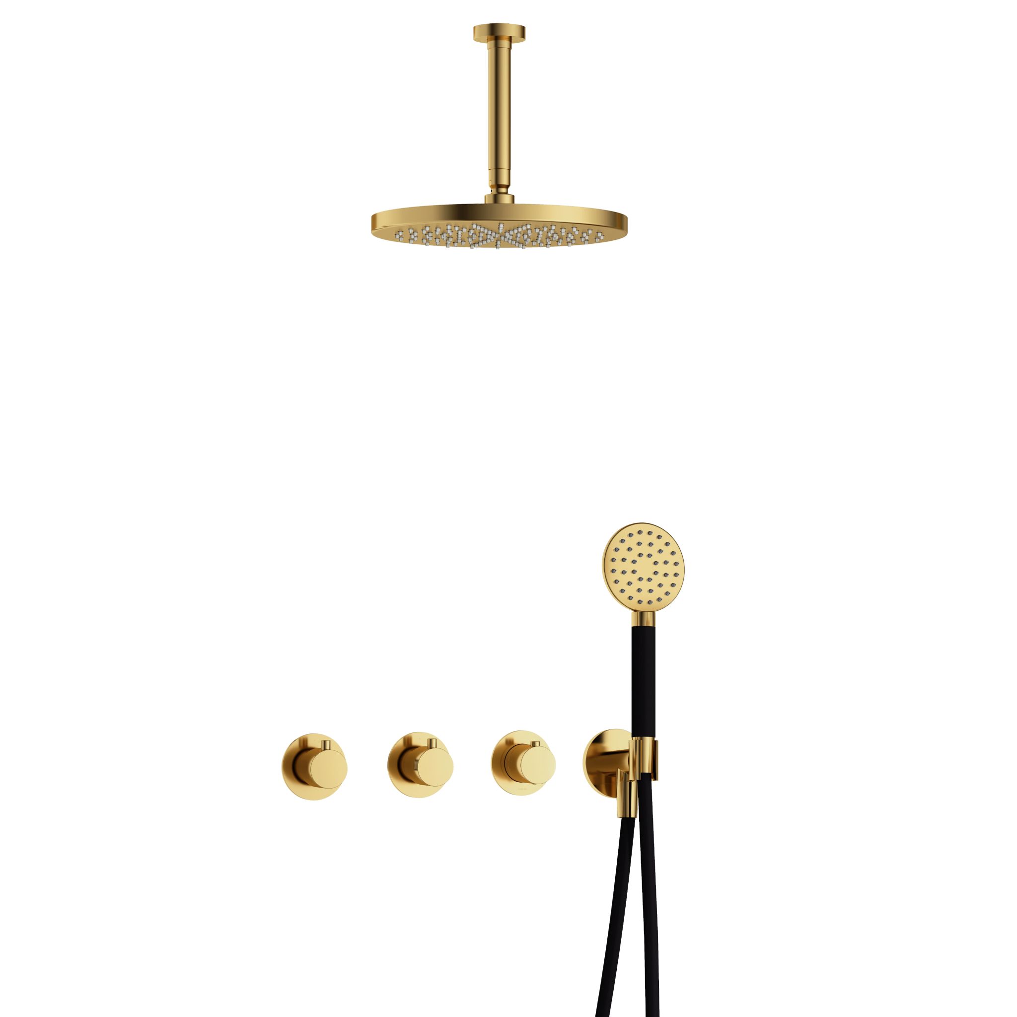 Hotbath Cobber Inbouw Regendoucheset Met Thermostaatkraan, 2 Stopkranen, Plafondbuis 15cm, Hoofddouche 30cm En 3-Standen Handdouche Gepolijst Messing PVD