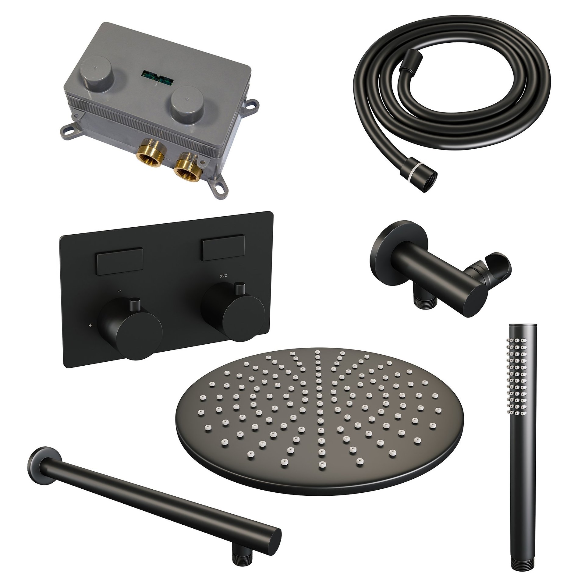 BRAUER Black Edition thermostatische inbouw regendouche met drukknoppen SET 50 met 30 cm douchekop en rechte muurarm en staaf handdouche en doucheslang en wandaansluitbocht mat zwart