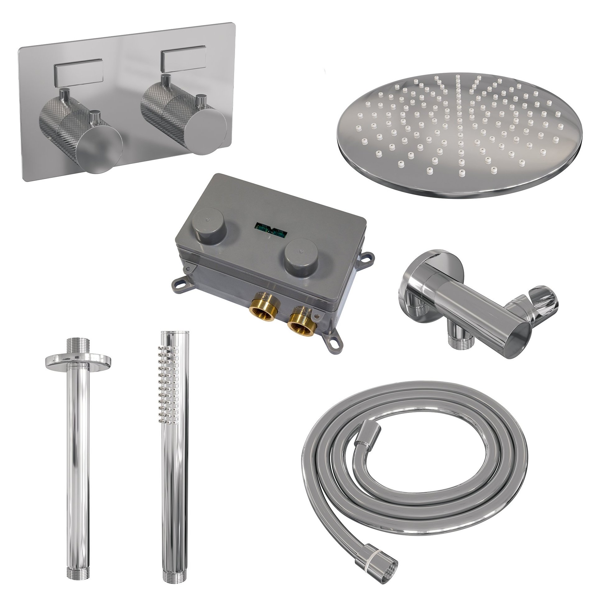 BRAUER Chrome Carving thermostatische inbouw regendouche met drukknoppen SET 54 met 30 cm douchekop en plafondarm en staaf handdouche en doucheslang en wandaansluitbocht chroom