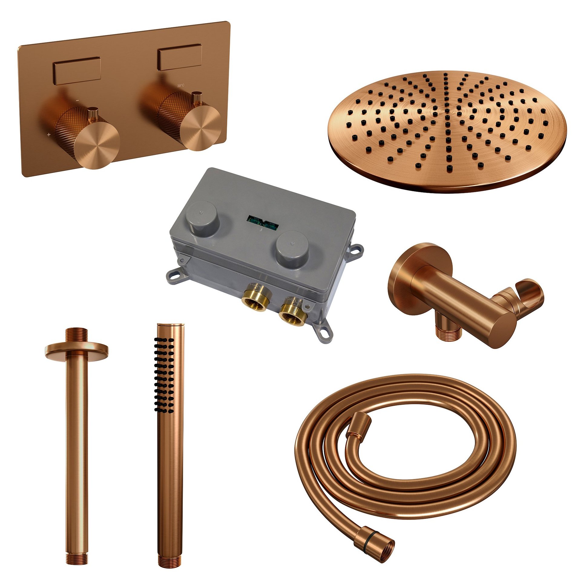 BRAUER Copper Carving thermostatische inbouw regendouche met drukknoppen SET 54 met 30 cm douchekop en plafondarm en staaf handdouche en doucheslang en wandaansluitbocht koper geborsteld PVD