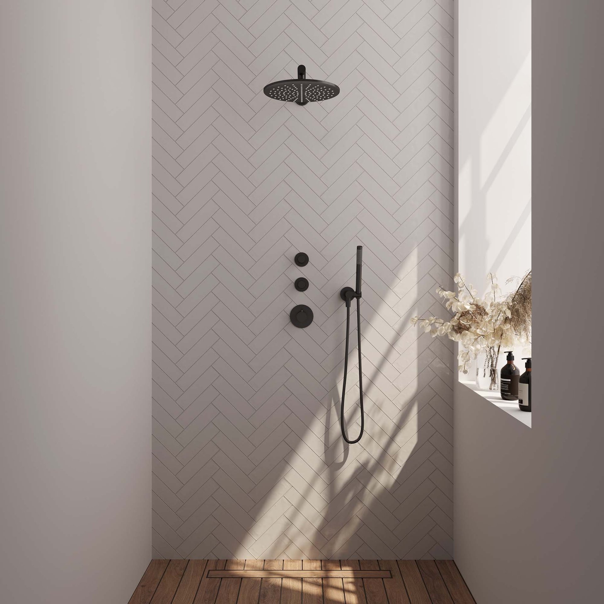 BRAUER Black Carving thermostatische inbouw regendouche SET 02 met 30 cm douchekop en rechte muurarm en staaf handdouche en doucheslang en wandaansluitbocht mat zwart