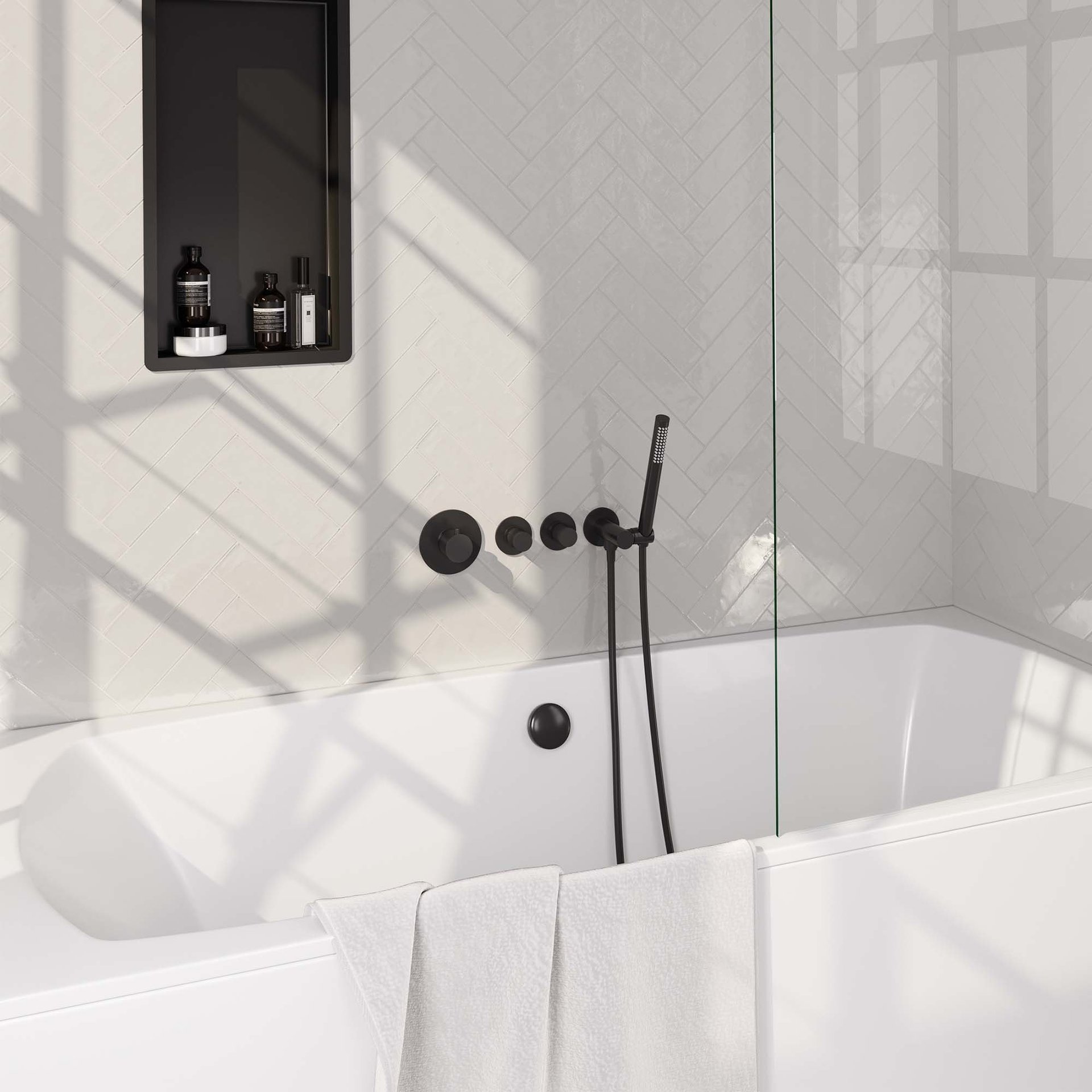 BRAUER Black Carving thermostatische inbouw badkraan SET 01 met badvulcombinatie en staaf handdouche en doucheslang en wandaansluitbocht mat zwart