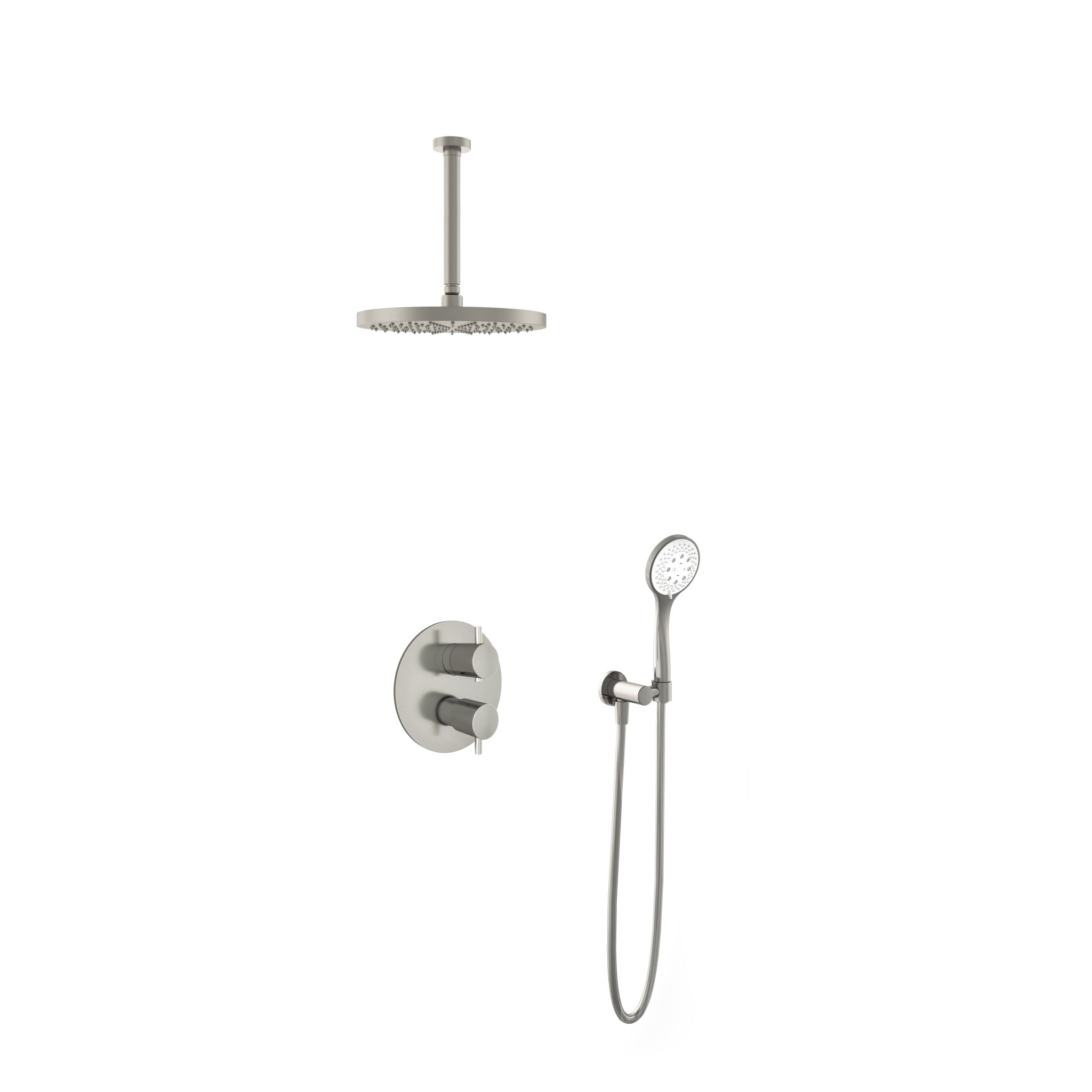 Hotbath Laddy Inbouw Regendoucheset Rond Met 2-weg-omstel, Plafondbuis 30cm, Hoofddouche 30cm En 3-Standen Handdouche Geborsteld Nikkel