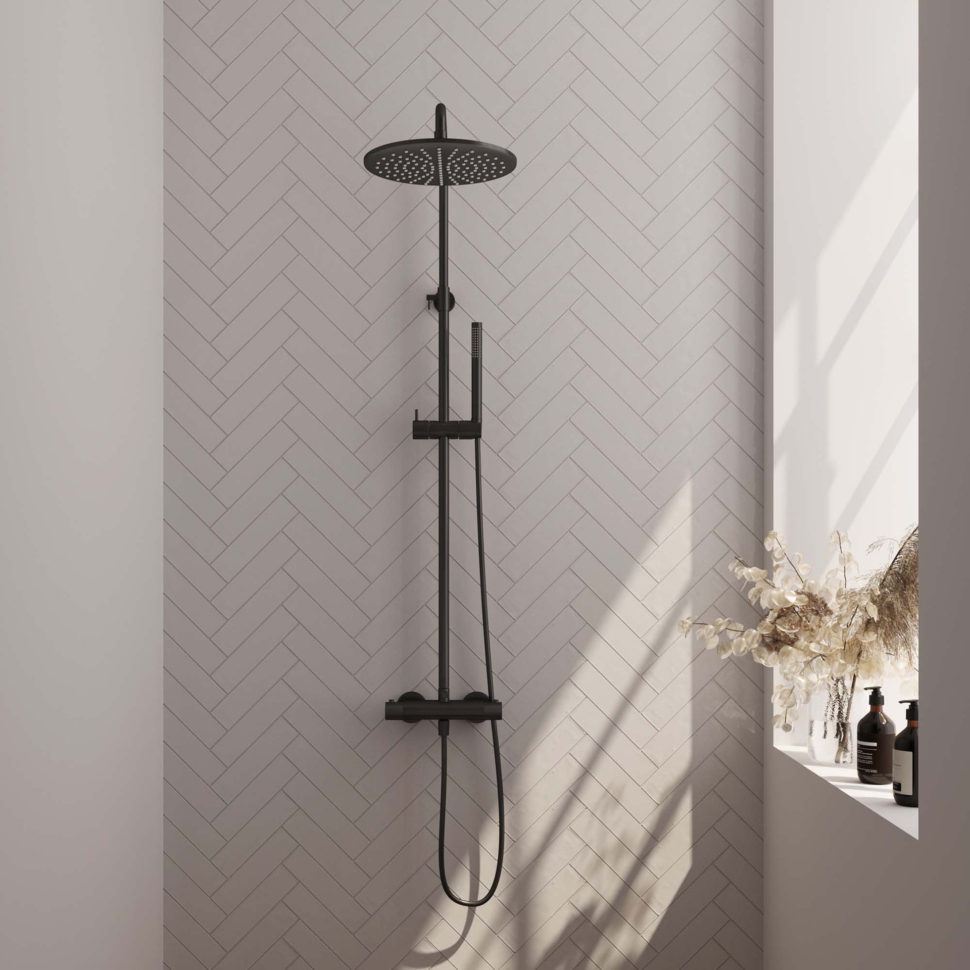 BRAUER Black Carving opbouw thermostatische regendouche SET 03 met 30 cm hoofddouche en staaf handdouche en doucheslang mat zwart
