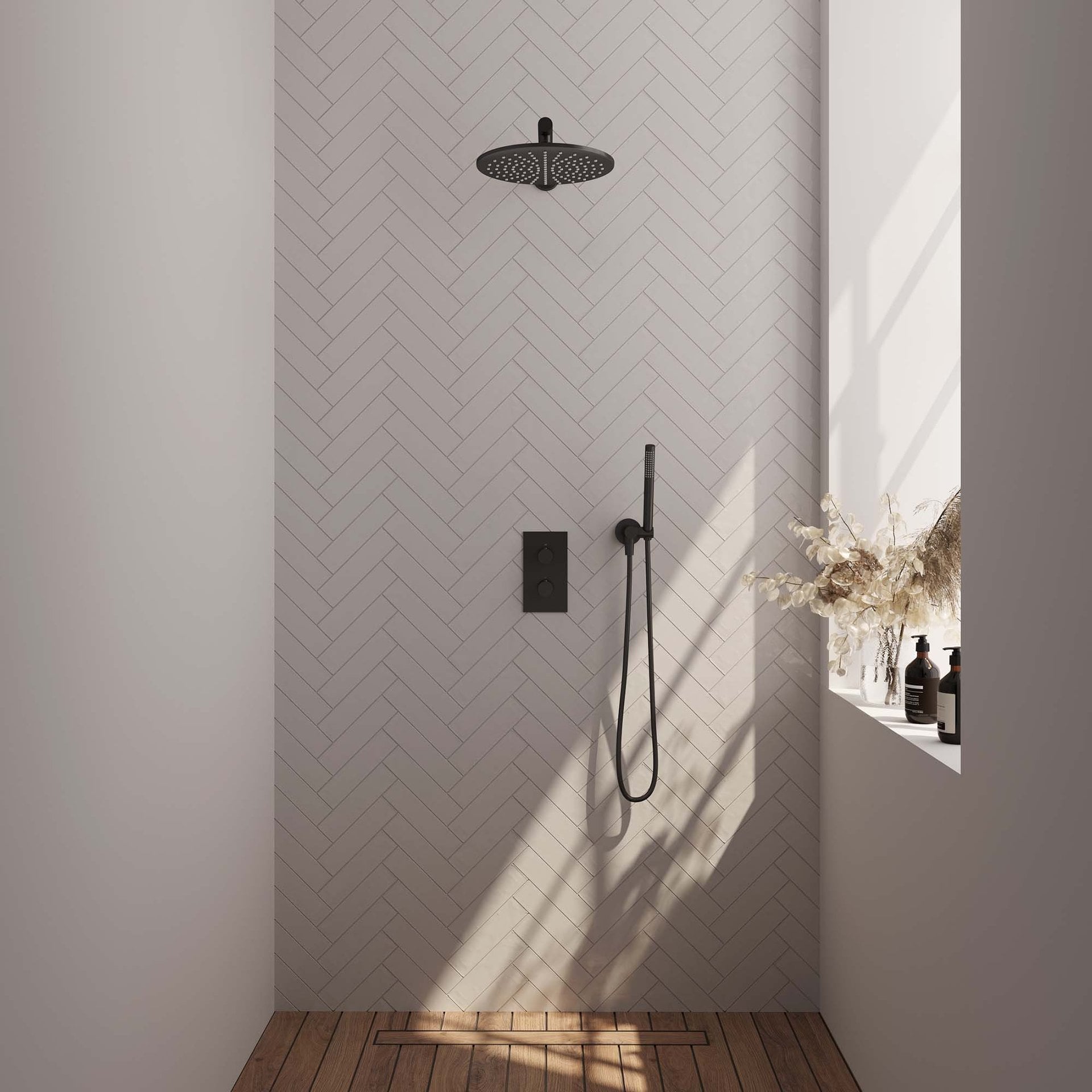 BRAUER Black Carving thermostatische inbouw regendouche 3-weg rechthoekig SET 26 met 30 cm douchekop en rechte muurarm en staaf handdouche en doucheslang en wandaansluitbocht mat zwart
