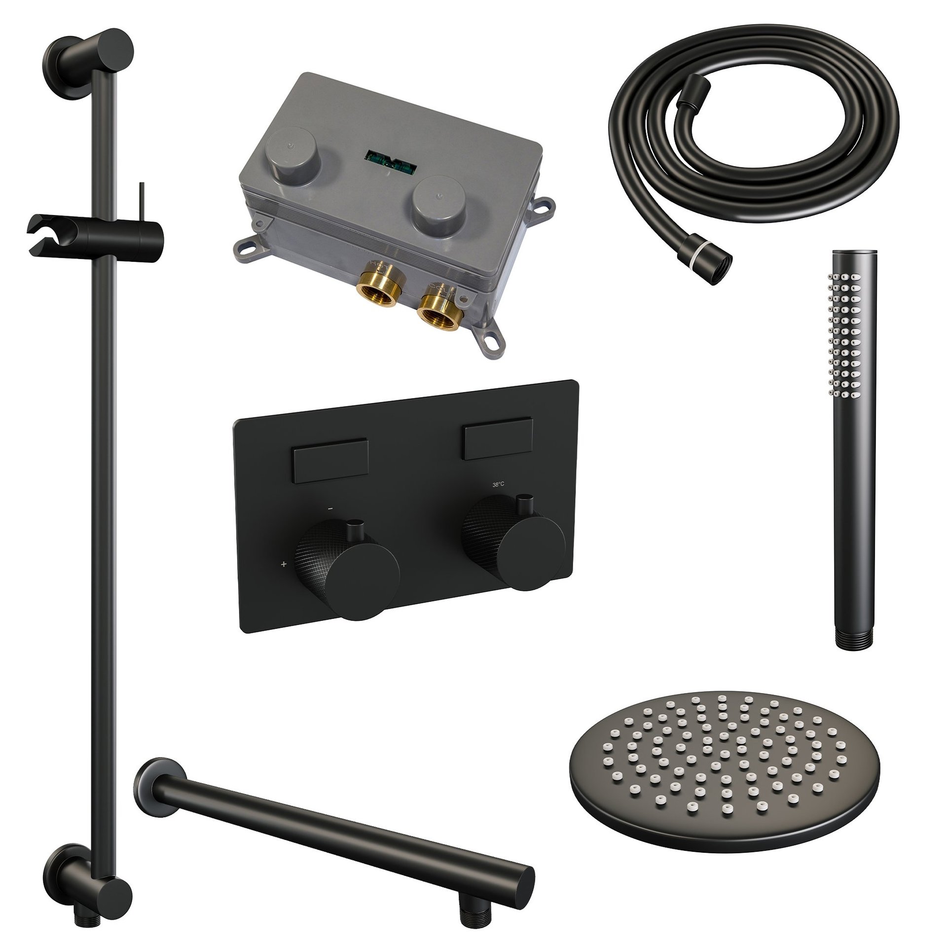 BRAUER Black Carving thermostatische inbouw regendouche met drukknoppen SET 61 met 20 cm douchekop en rechte muurarm en staaf handdouche en doucheslang en geïntegreerde glijstang mat zwart