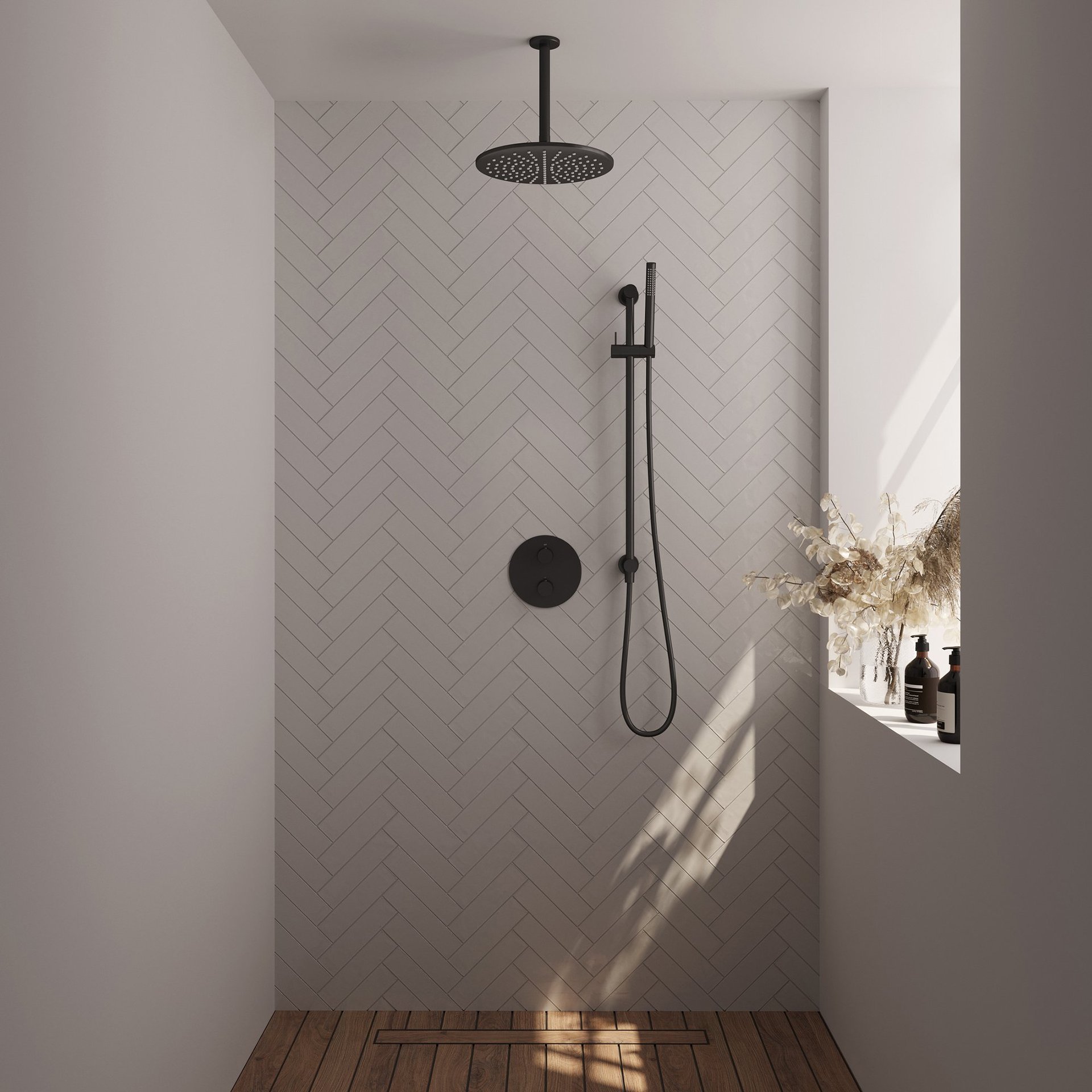 BRAUER Black Edition thermostatische inbouw regendouche 3-weg rond SET 90 met 30 cm douchekop en plafondarm en staaf handdouche en doucheslang en geïntegreerde glijstang mat zwart