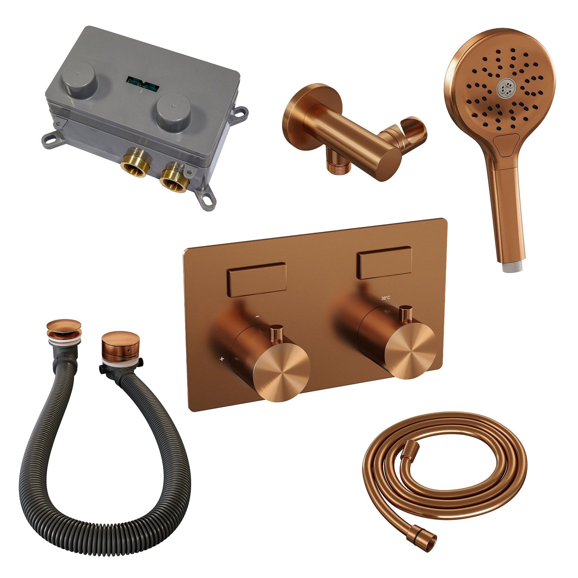 BRAUER Copper Edition thermostatische inbouw badkraan met drukknoppen SET 04 met badvulcombinatie en 3-standen handdouche en doucheslang en wandaansluitbocht koper geborsteld PVD