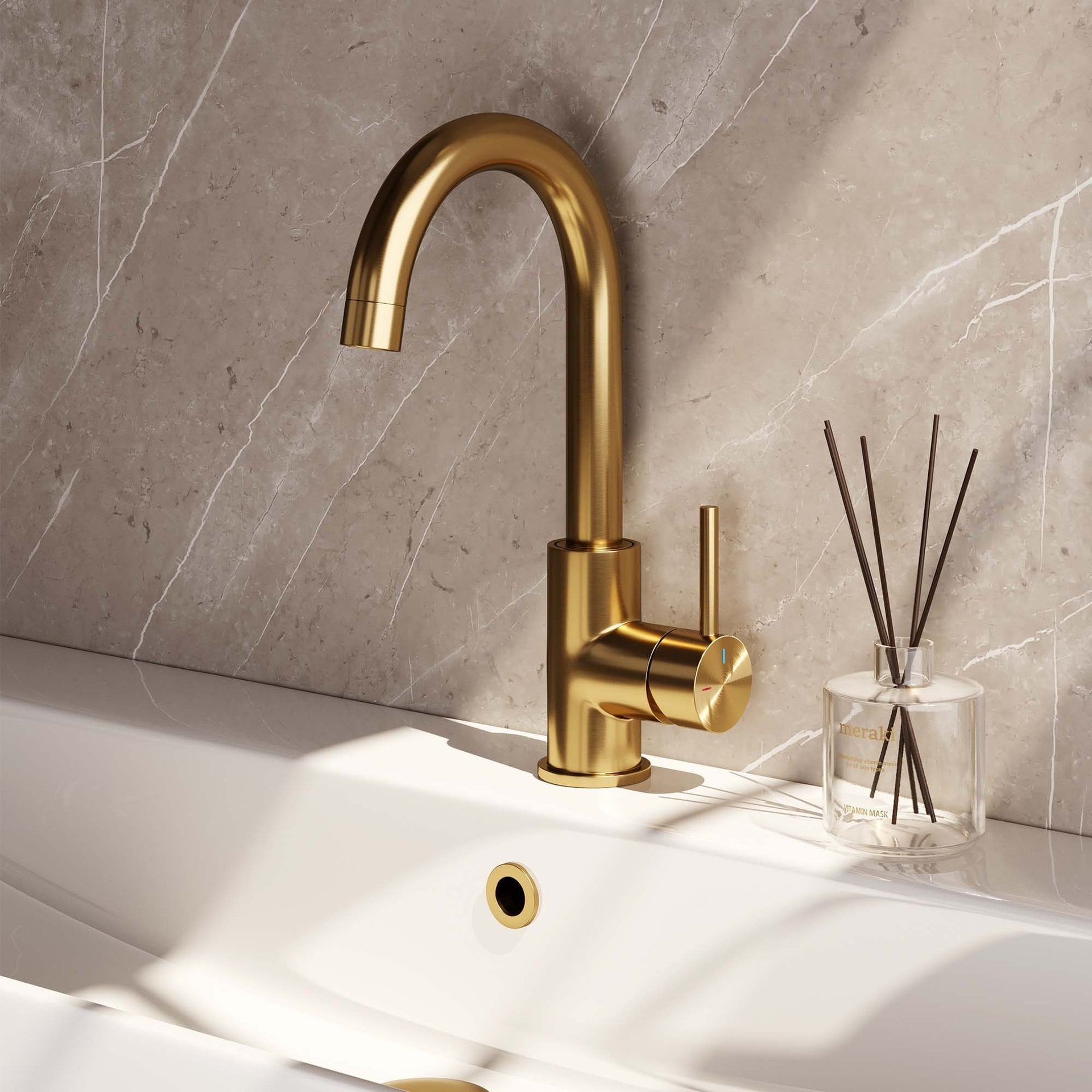 BRAUER Gold Edition hoge opbouw wastafelmengkraan met draaibare ronde uitloop model A goud geborsteld PVD
