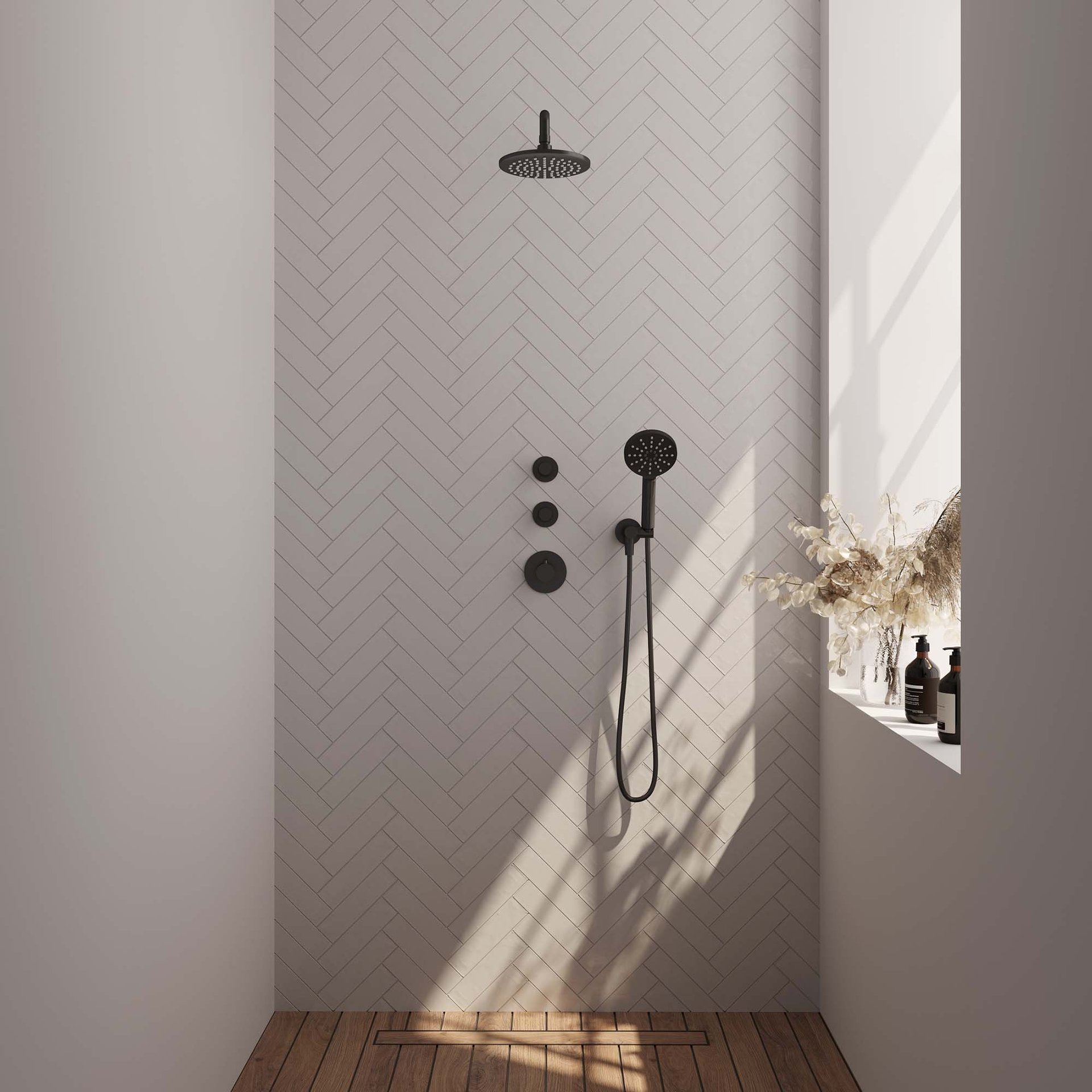 BRAUER Black Edition thermostatische inbouw regendouche SET 09 met 20 cm douchekop en gebogen muurarm en 3-standen handdouche en doucheslang en wandaansluitbocht mat zwart