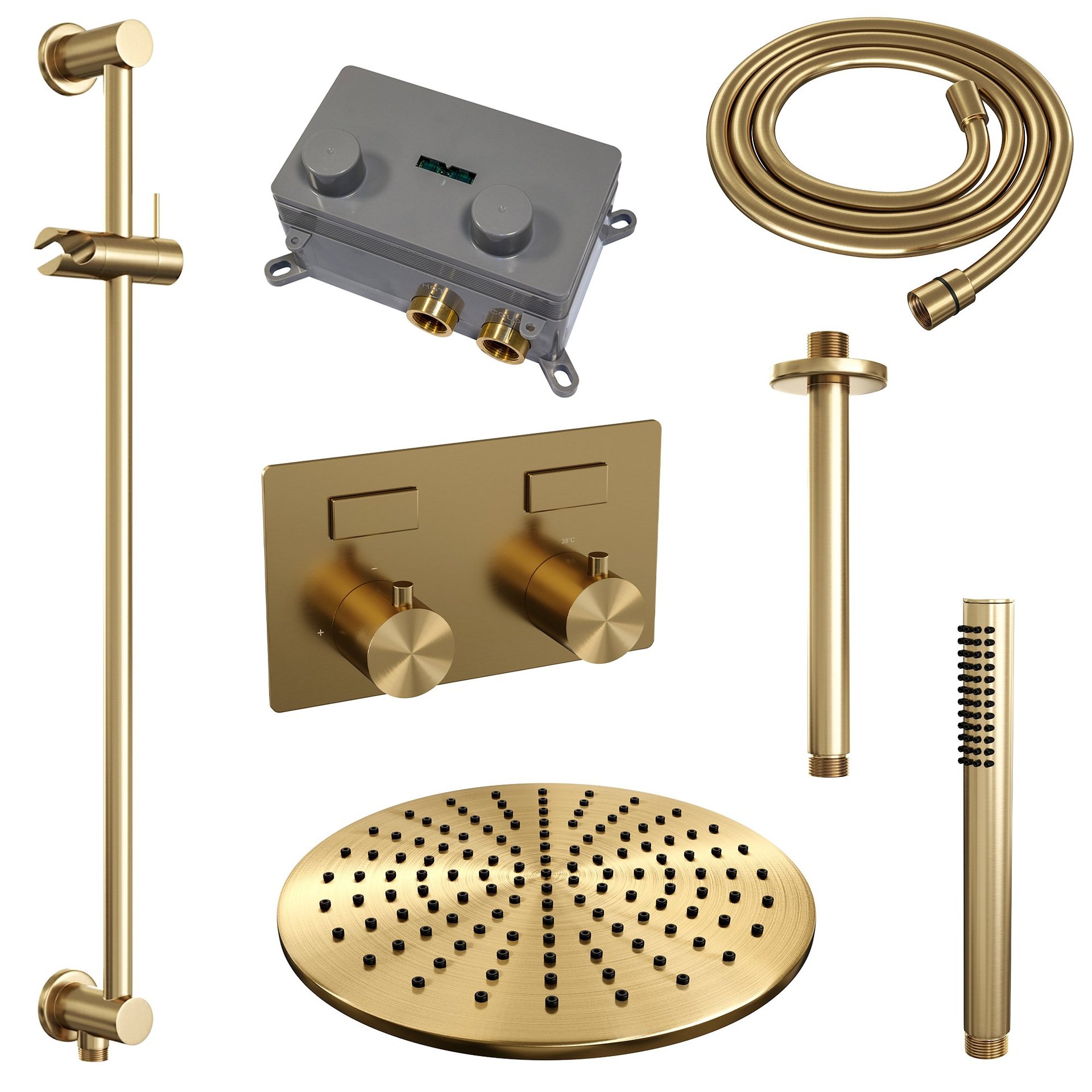 BRAUER Gold Edition thermostatische inbouw regendouche met drukknoppen SET 66 met 30 cm douchekop en plafondarm en staaf handdouche en doucheslang en geïntegreerde glijstang goud geborsteld PVD