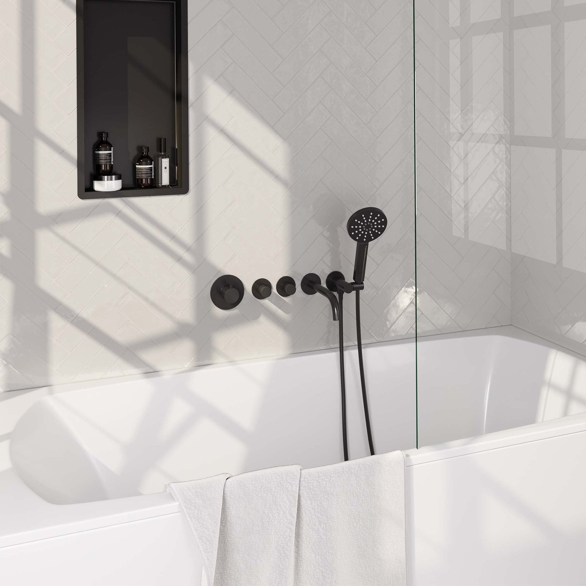 BRAUER Black Carving thermostatische inbouw badkraan SET 02 met uitloop en 3-standen handdouche en doucheslang en wandaansluitbocht mat zwart