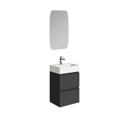 Mini onderkast met 2 laden mat zwart en wastafel keramiek glans wit 45 cm inclusief spiegel