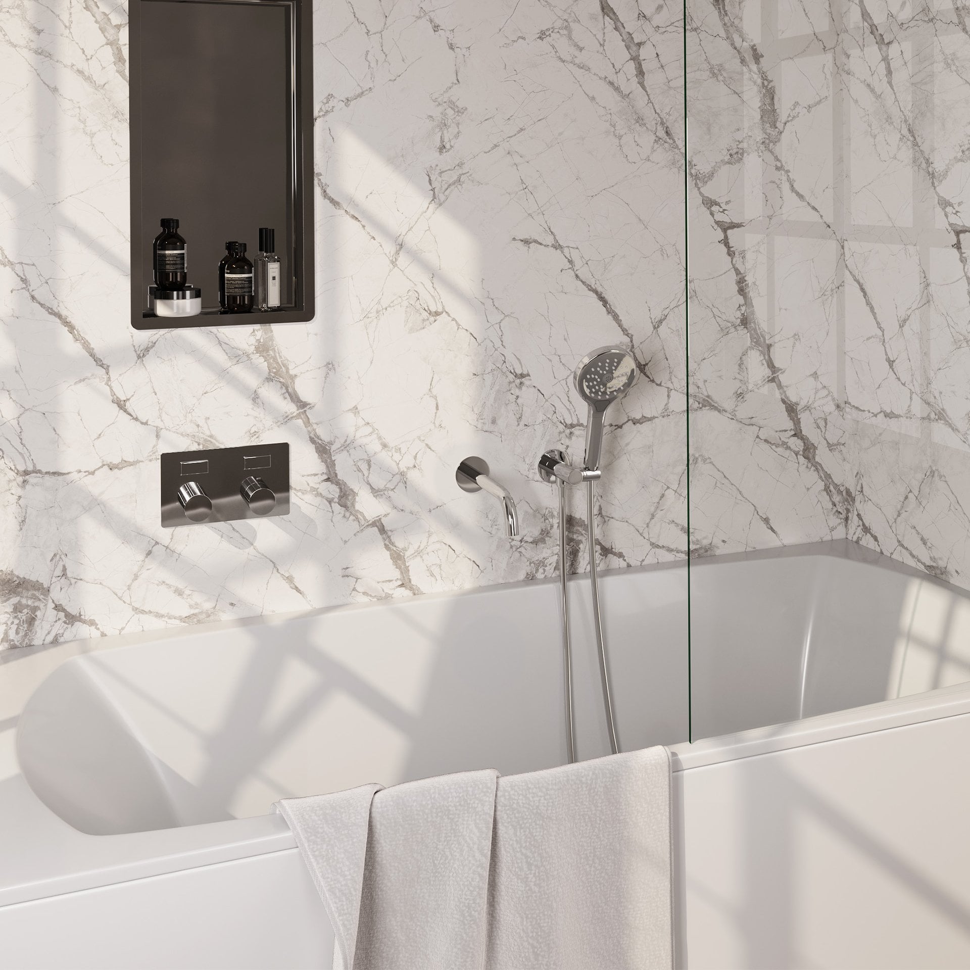 BRAUER Stripe thermostatische inbouw badkraan met drukknoppen SET 04 met uitloop en 3-standen handdouche en doucheslang en wandaansluitbocht chroom