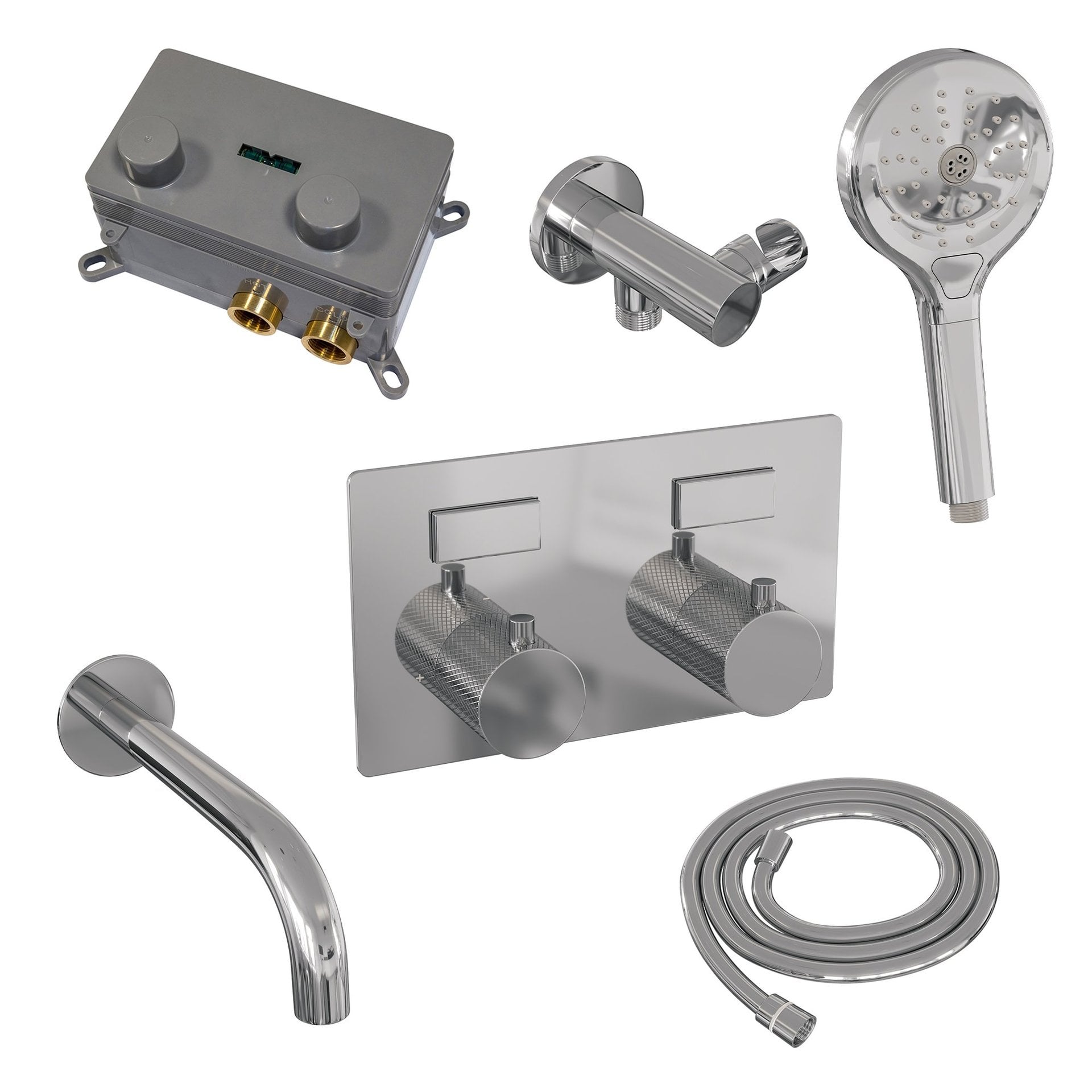 BRAUER Chrome Carving thermostatische inbouw badkraan met drukknoppen SET 04 met uitloop en 3-standen handdouche en doucheslang en wandaansluitbocht chroom