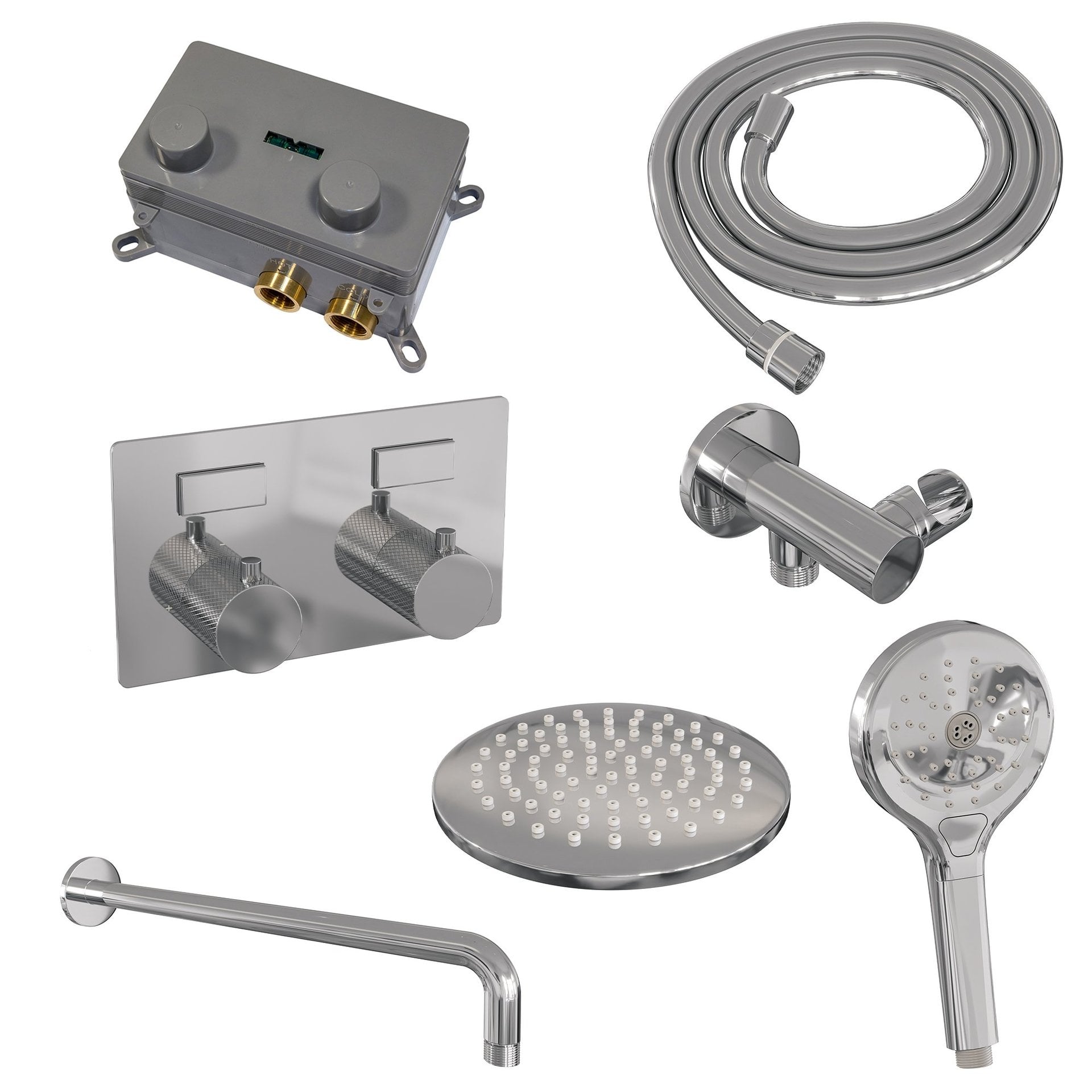 BRAUER Chrome Carving thermostatische inbouw regendouche met drukknoppen SET 57 met 20 cm douchekop en gebogen muurarm en 3-standen handdouche en doucheslang en wandaansluitbocht chroom