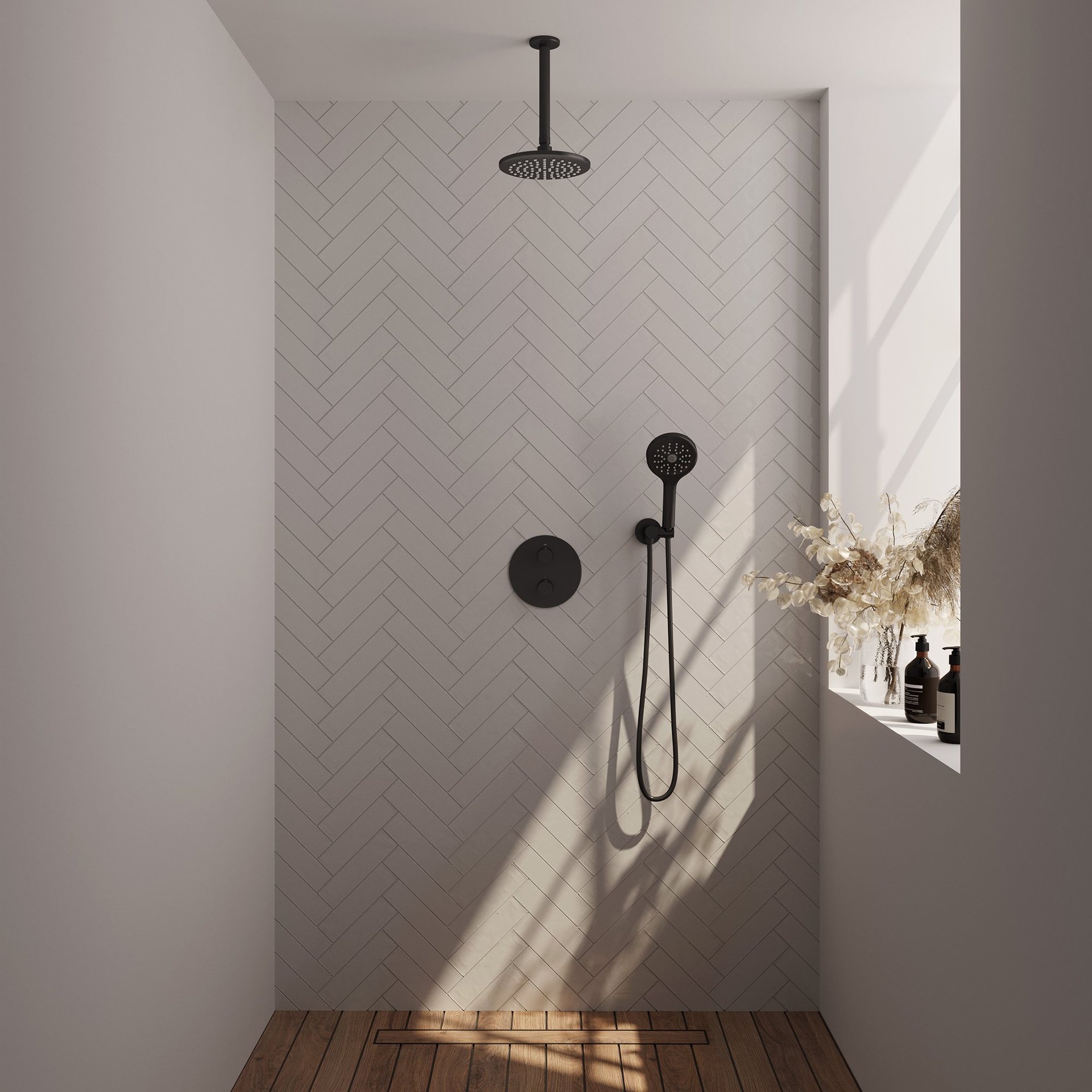 BRAUER Black Carving thermostatische inbouw regendouche 3-weg rond SET 83 met 20 cm douchekop en plafondarm en 3-standen handdouche en doucheslang en wandaansluitbocht mat zwart