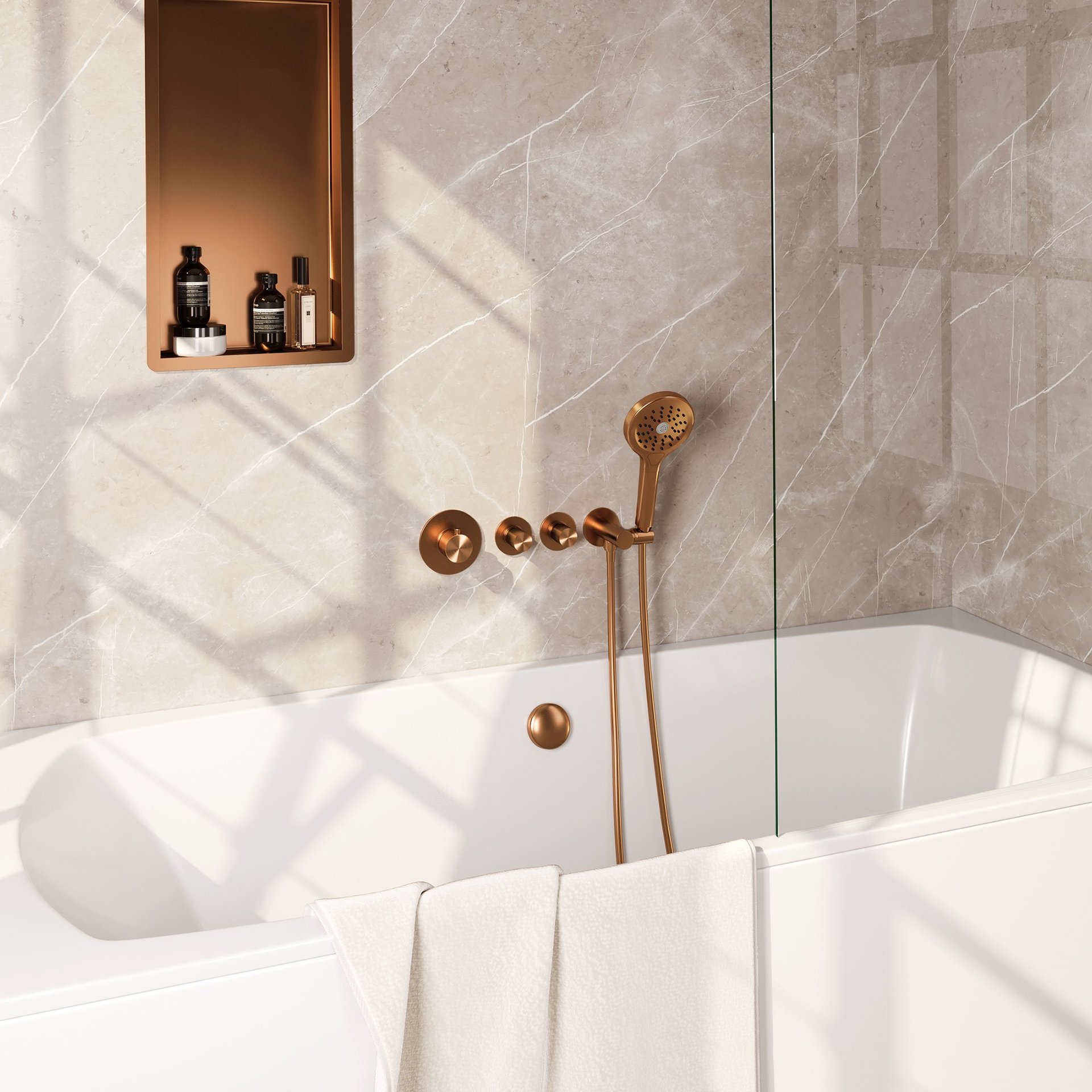 BRAUER Copper Carving thermostatische inbouw badkraan SET 02 met badvulcombinatie en 3-standen handdouche en doucheslang en wandaansluitbocht koper geborsteld PVD