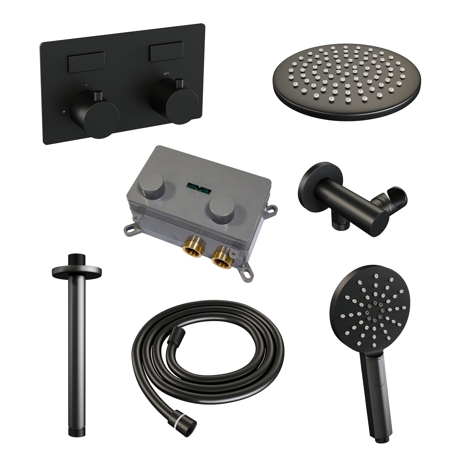 BRAUER Black Edition thermostatische inbouw regendouche met drukknoppen SET 59 met 20 cm douchekop en plafondarm en 3-standen handdouche en doucheslang en wandaansluitbocht mat zwart