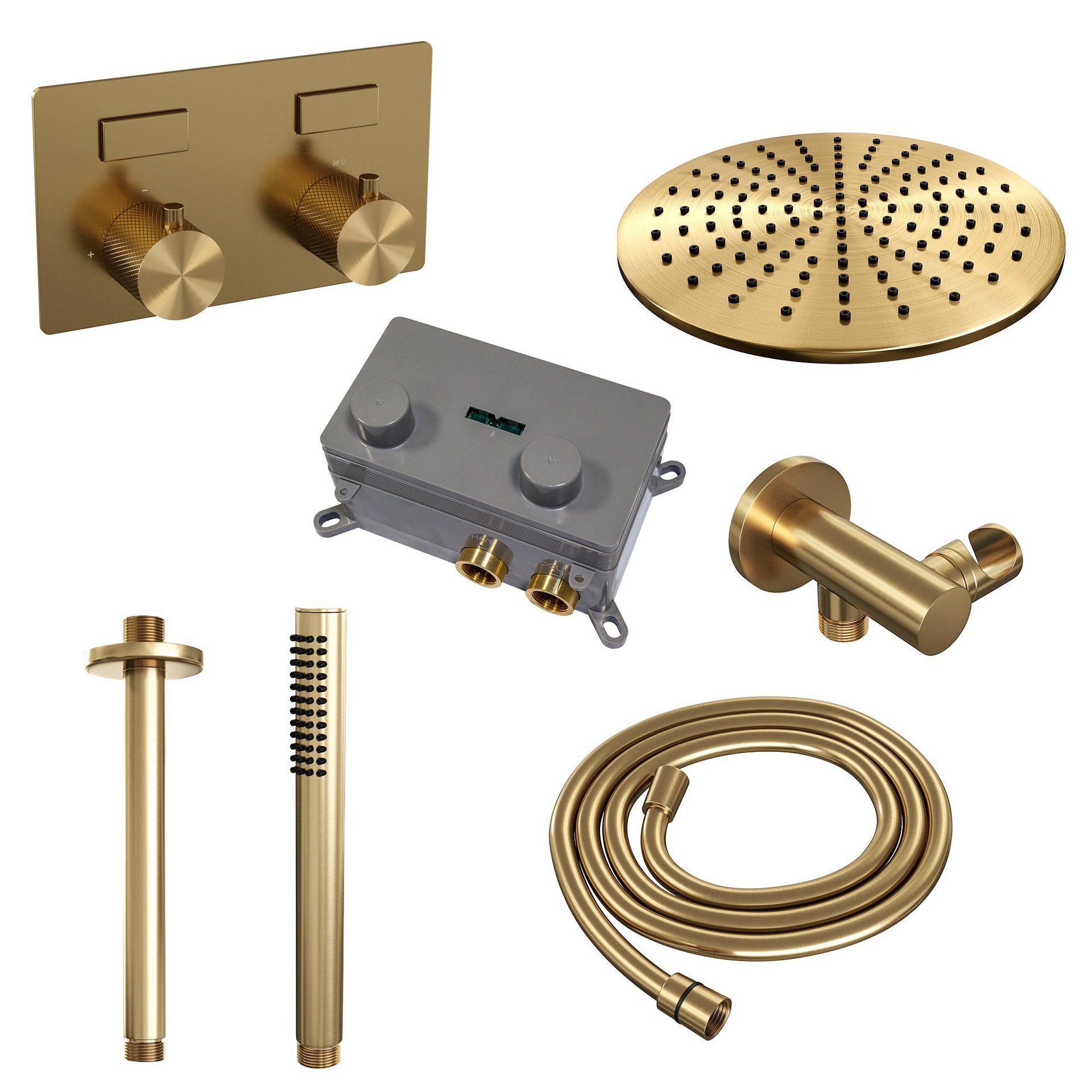 BRAUER Gold Carving thermostatische inbouw regendouche met drukknoppen SET 54 met 30 cm douchekop en plafondarm en staaf handdouche en doucheslang en wandaansluitbocht goud geborsteld PVD