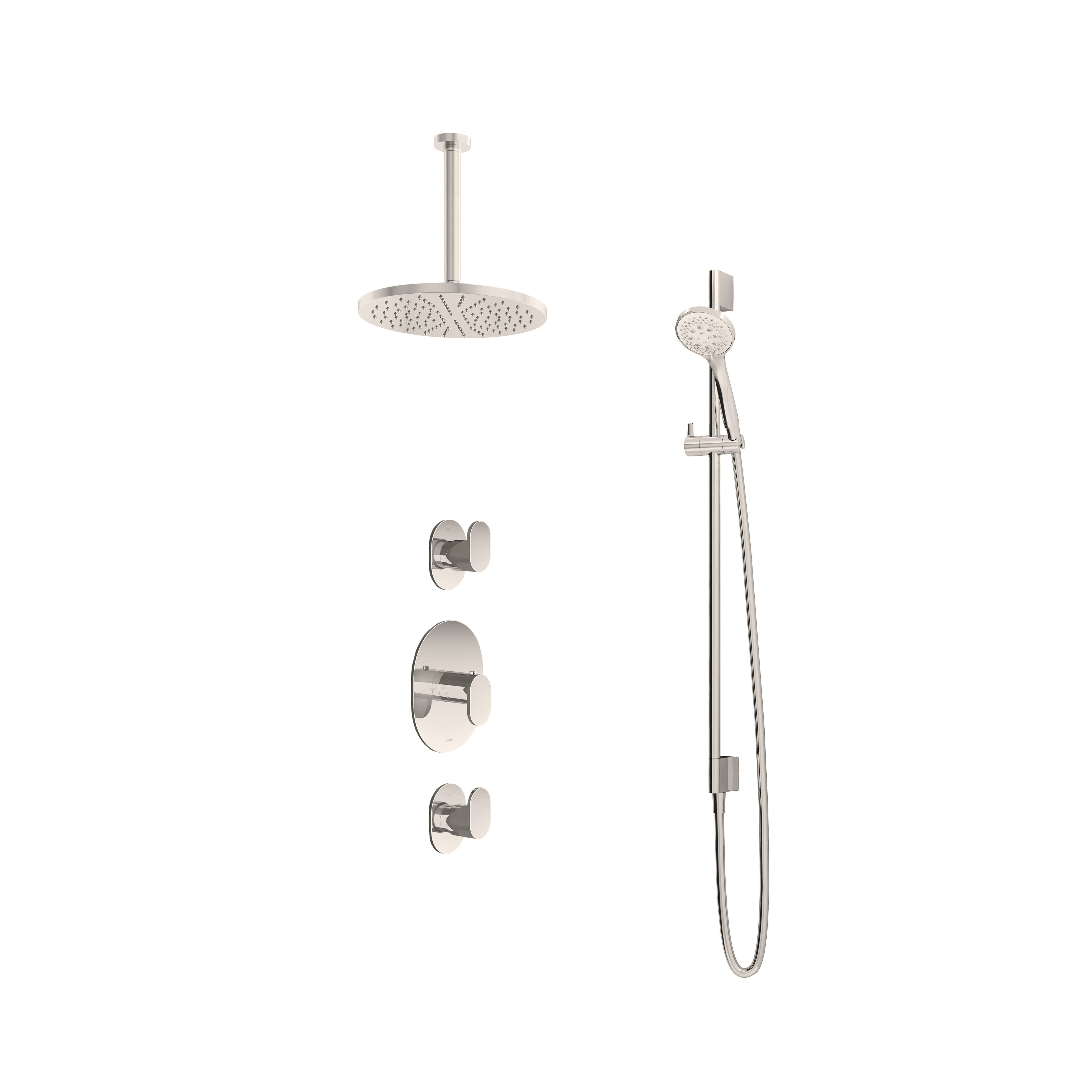 Hotbath Friendo Inbouw Regendoucheset Rond Met 2 Stopkranen, Plafondbuis 30cm, Hoofddouche 30cm En 3-Standen Handdouche Geborsteld Nikkel