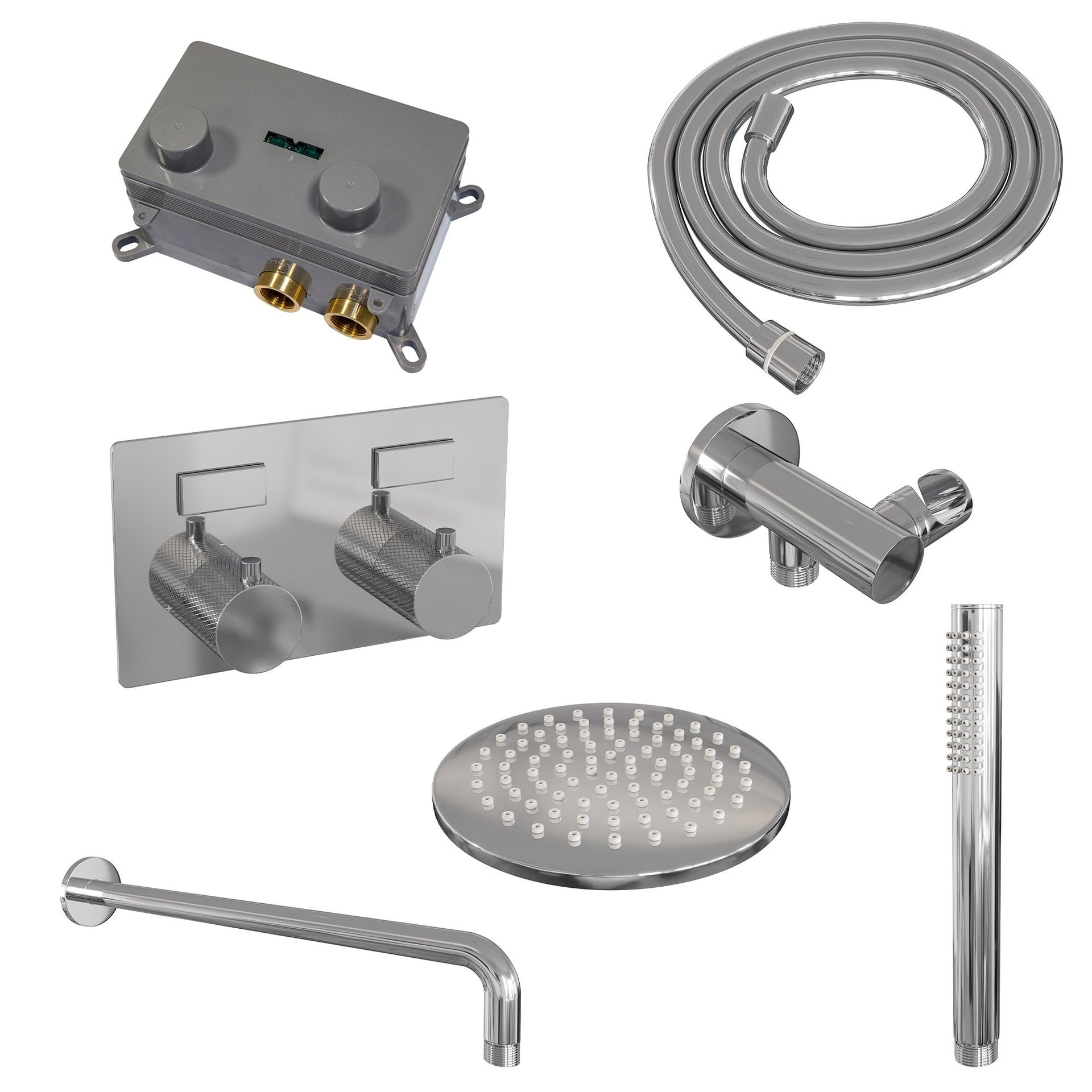 BRAUER Chrome Carving thermostatische inbouw regendouche met drukknoppen SET 51 met 20 cm douchekop en gebogen muurarm en staaf handdouche en doucheslang en wandaansluitbocht chroom