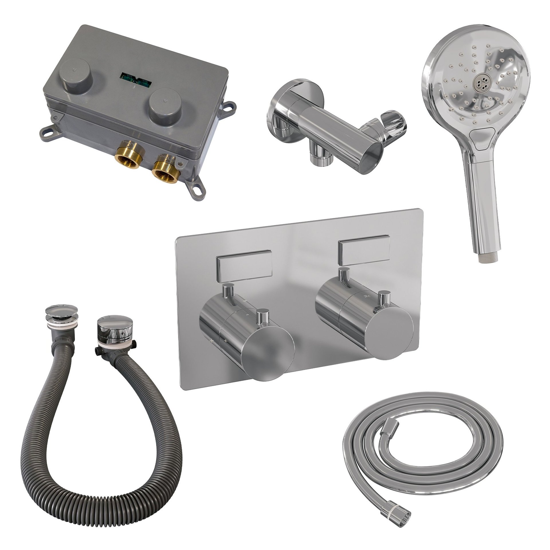 BRAUER Chrome Edition thermostatische inbouw badkraan met drukknoppen SET 04 met badvulcombinatie en 3-standen handdouche en doucheslang en wandaansluitbocht chroom