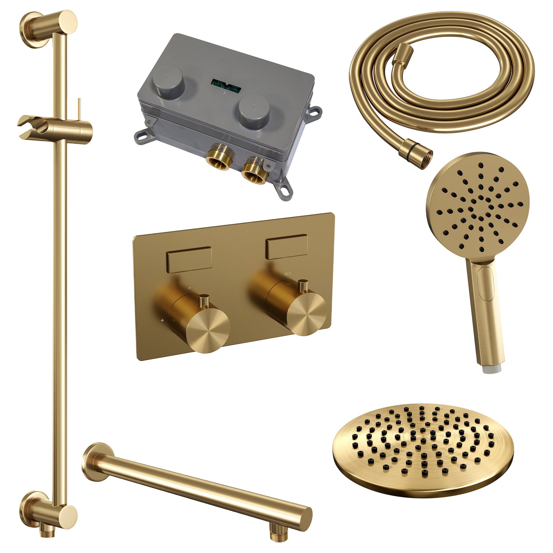 BRAUER Gold Edition thermostatische inbouw regendouche met drukknoppen SET 67 met 20 cm douchekop en rechte muurarm en 3-standen handdouche en doucheslang en geïntegreerde glijstang goud geborsteld PVD