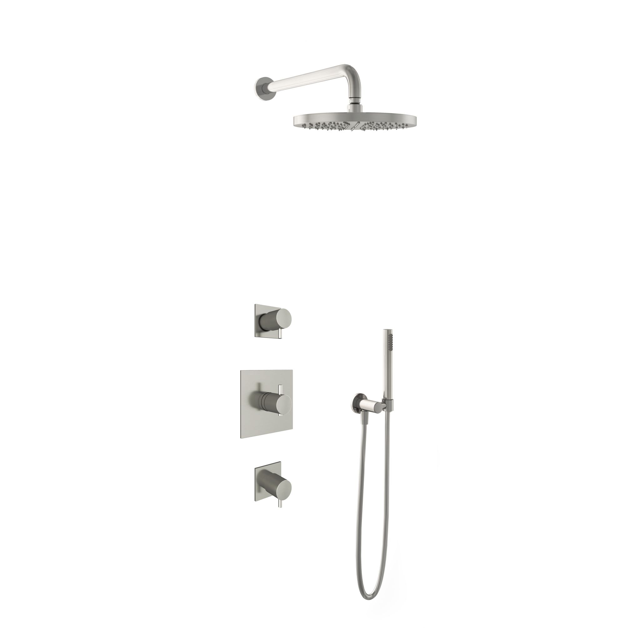 Hotbath Laddy Inbouw Regendoucheset Rond-Vierkant Met 2 Stopkranen, Wandarm, Hoofddouche 30cm En Staafhanddouche Geborsteld Nikkel