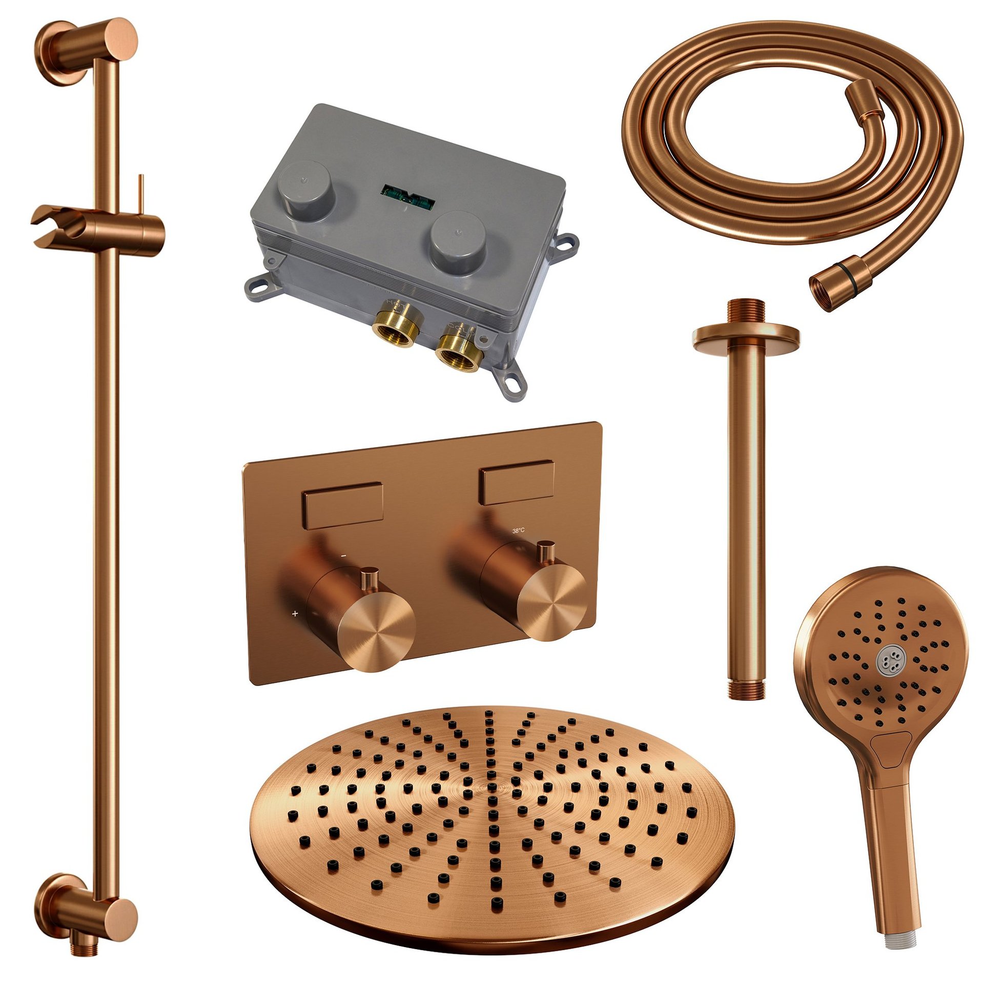 BRAUER Copper Edition thermostatische inbouw regendouche met drukknoppen SET 72 met 30 cm douchekop en plafondarm en 3-standen handdouche en doucheslang en geïntegreerde glijstang koper geborsteld PVD