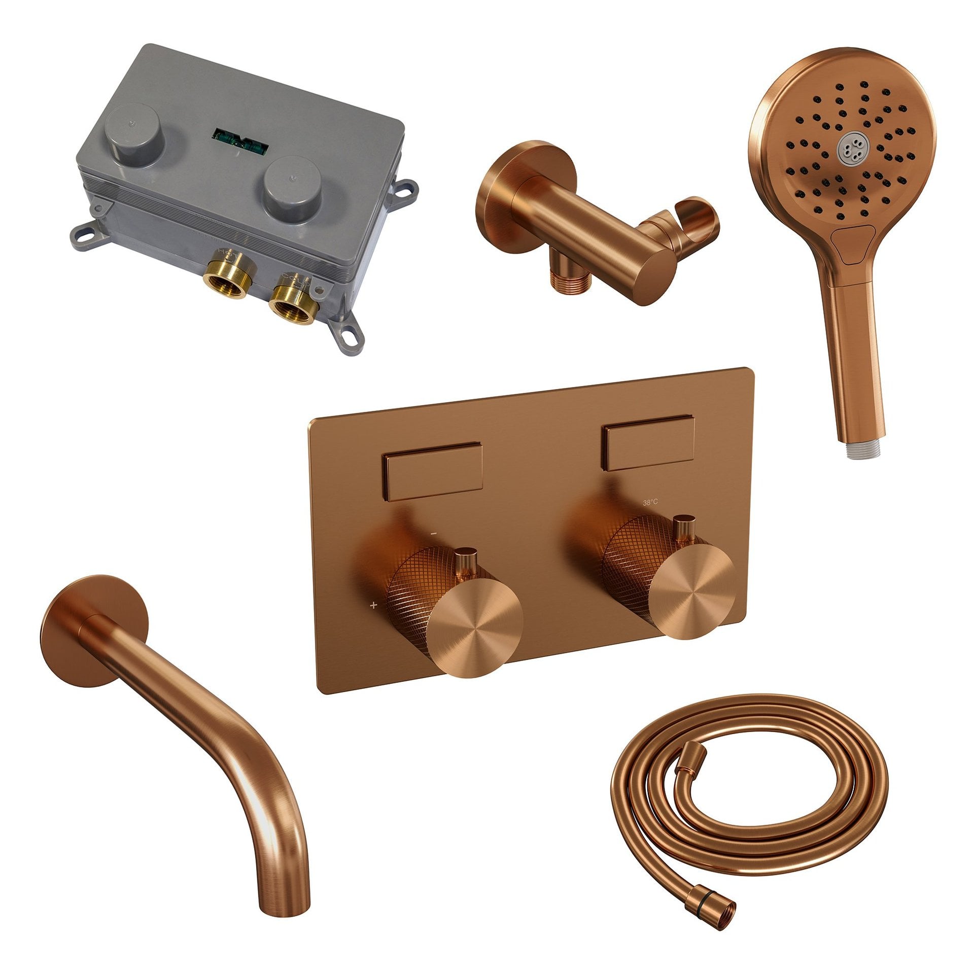 BRAUER Copper Carving thermostatische inbouw badkraan met drukknoppen SET 04 met uitloop en 3-standen handdouche en doucheslang en wandaansluitbocht koper geborsteld PVD