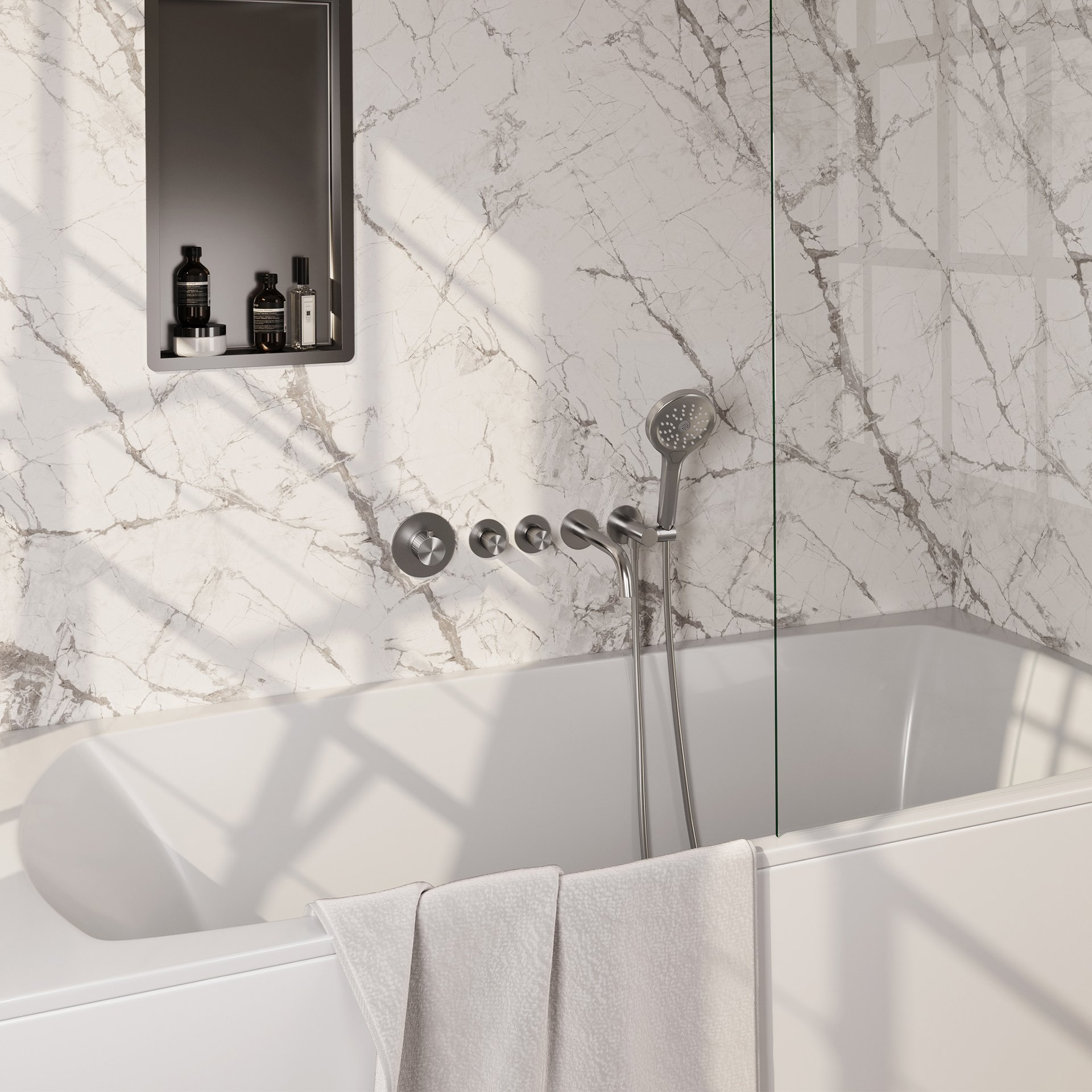 BRAUER Stripe thermostatische inbouw badkraan SET 02 met uitloop en 3-standen handdouche en doucheslang en wandaansluitbocht RVS-kleurig geborsteld PVD