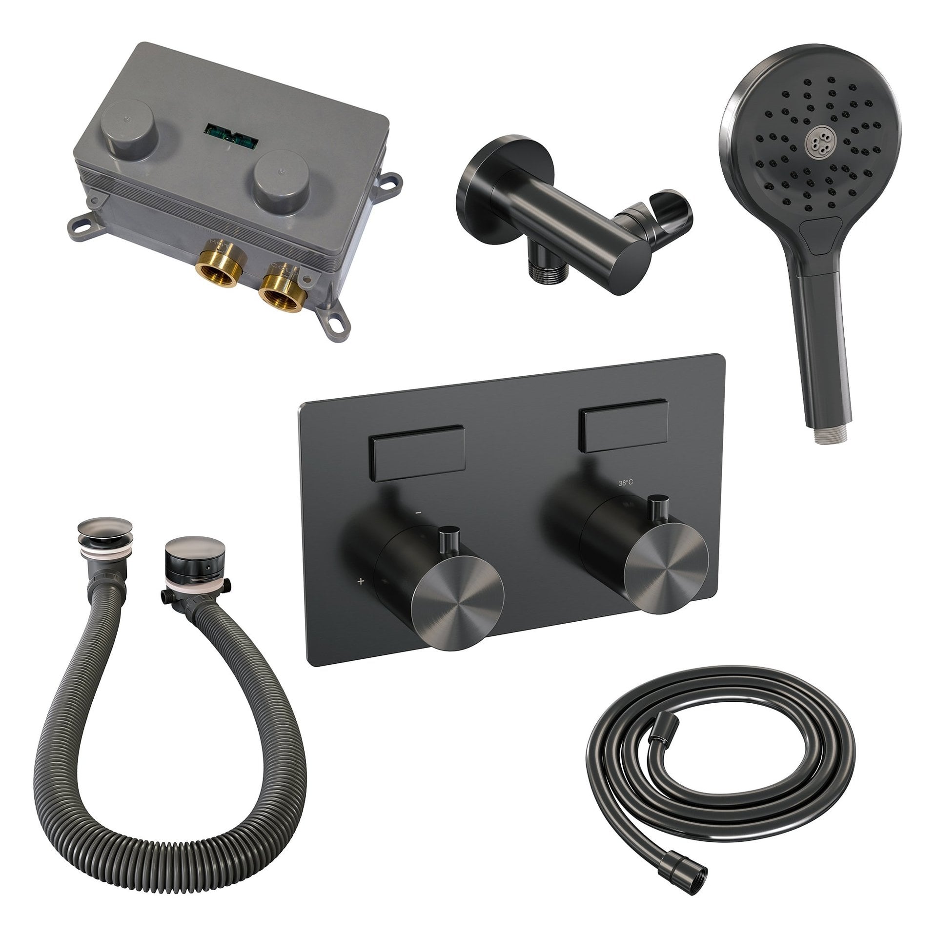 BRAUER Gunmetal Edition thermostatische inbouw badkraan met drukknoppen SET 04 met badvulcombinatie en 3-standen handdouche en doucheslang en wandaansluitbocht gunmetal geborsteld PVD