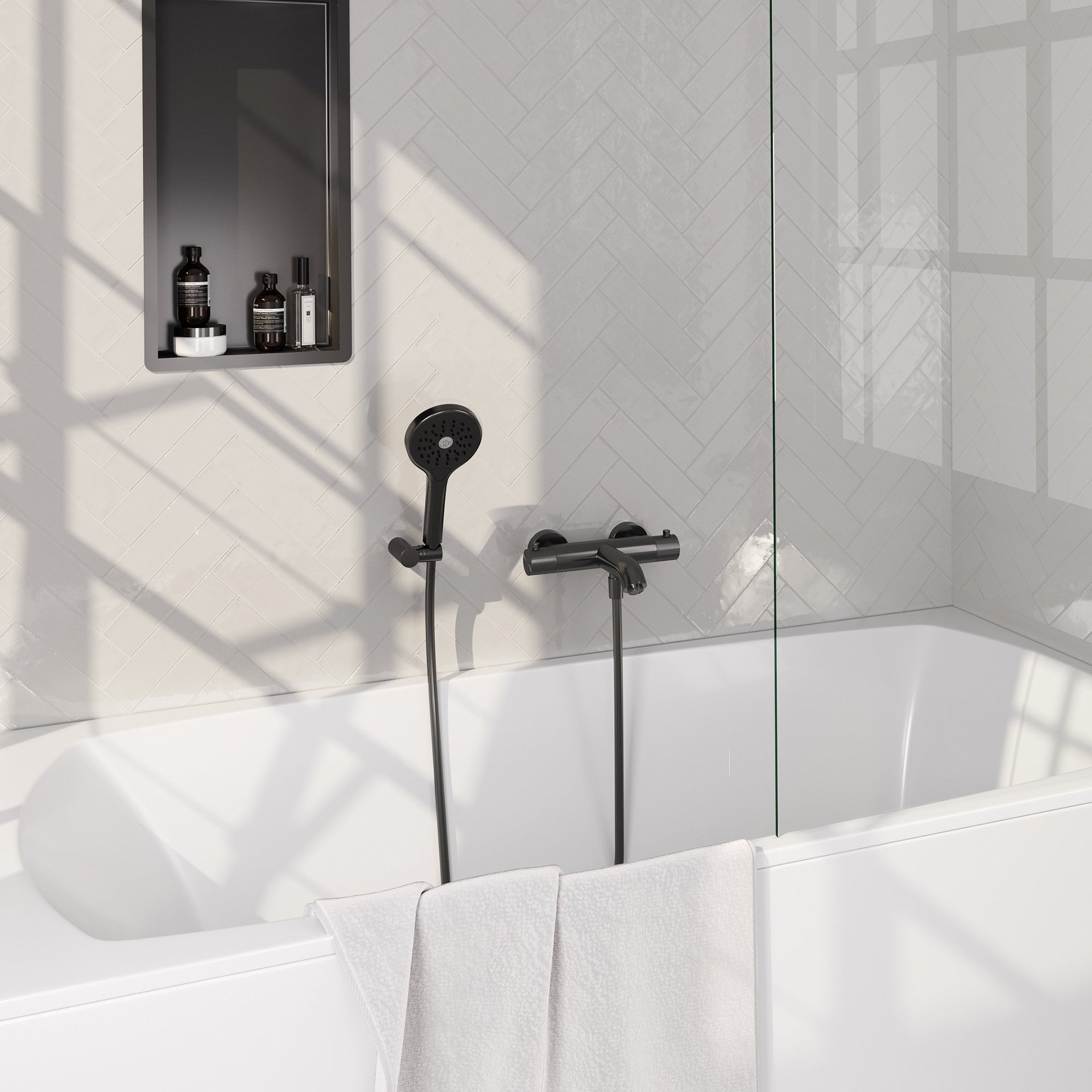 BRAUER Gunmetal Carving opbouw baddouche thermostaatkraan SET 04 met wandhouder en 3-standen handdouche en doucheslang gunmetal geborsteld PVD