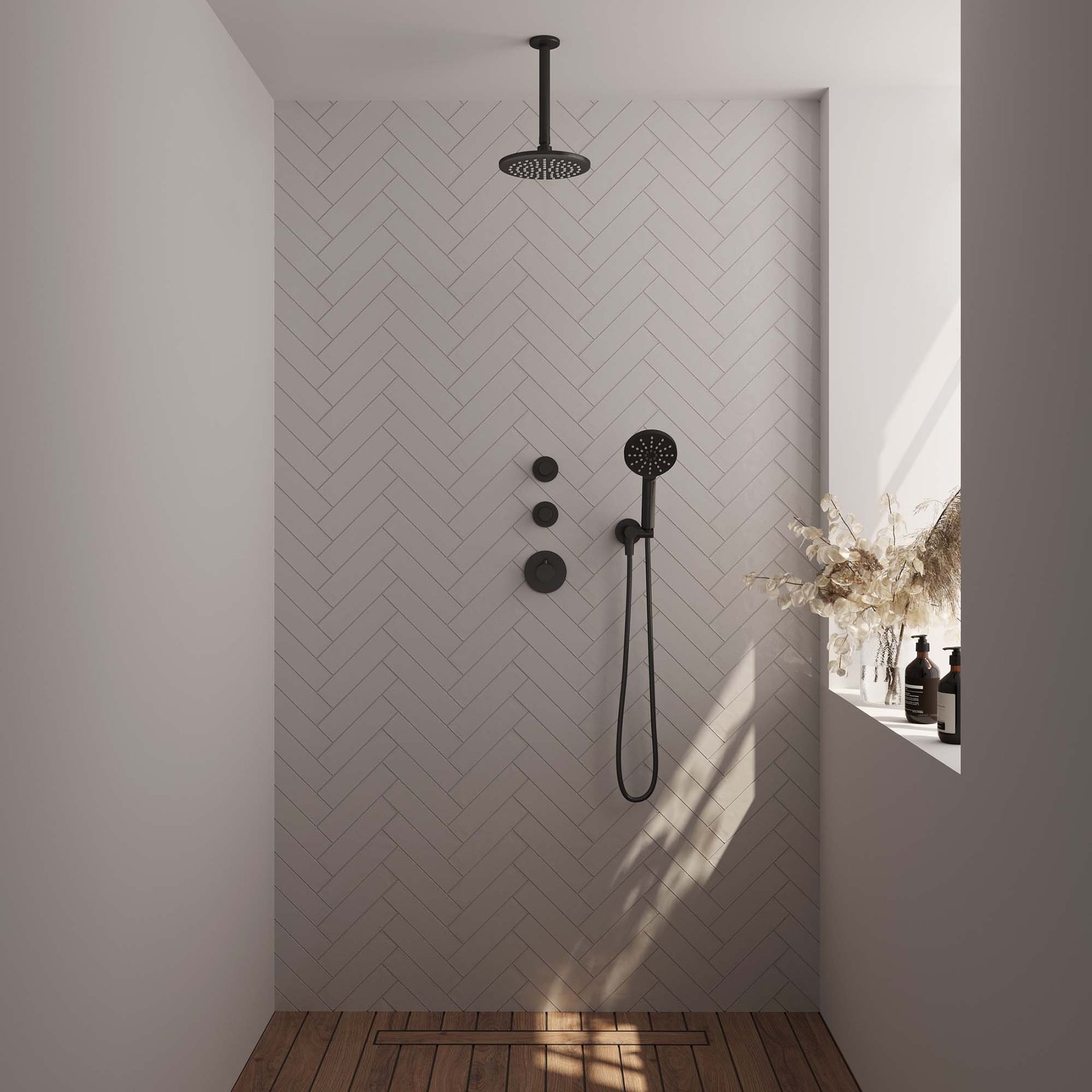 BRAUER Black Carving thermostatische inbouw regendouche SET 11 met 20 cm douchekop en plafondarm en 3-standen handdouche en doucheslang en wandaansluitbocht mat zwart