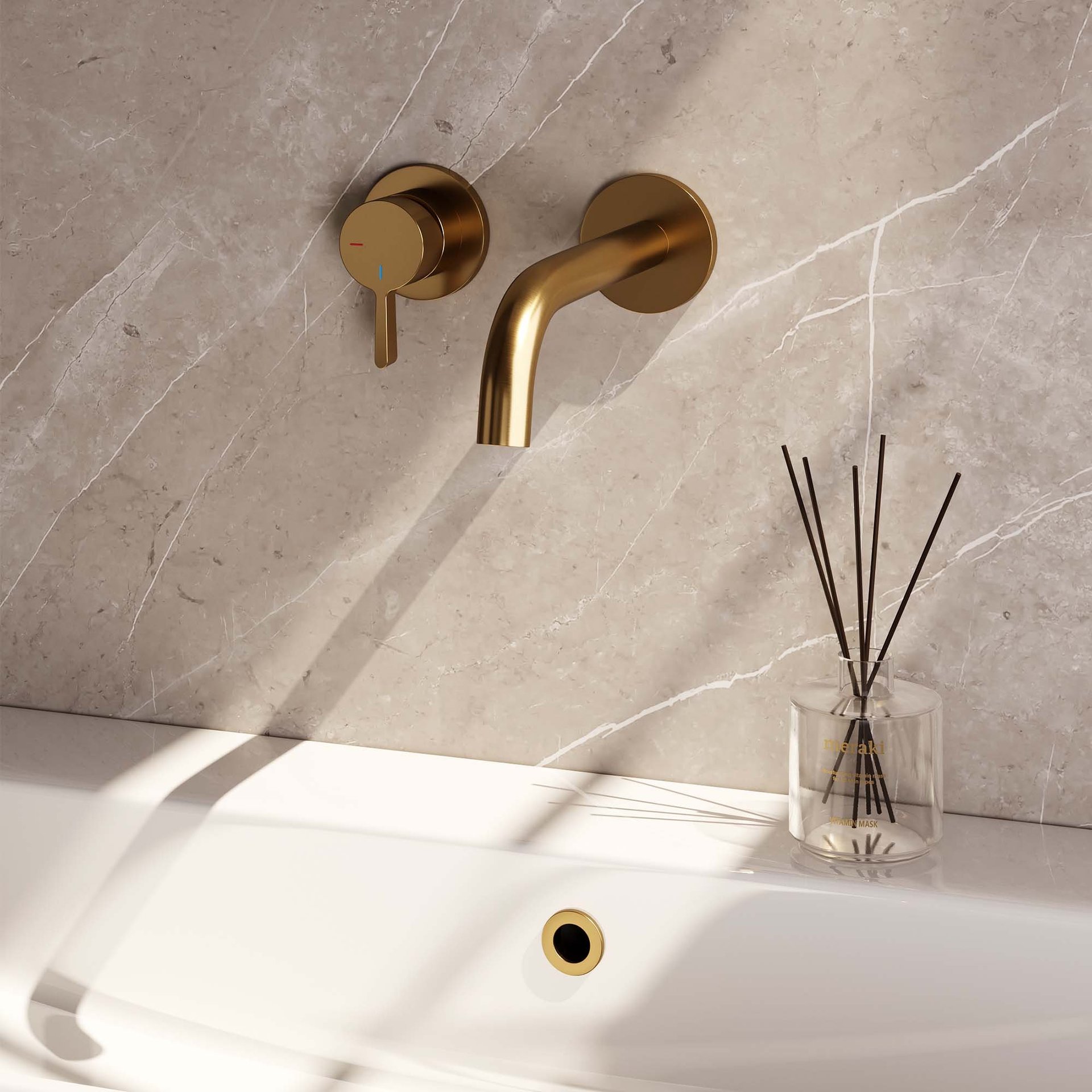 BRAUER Gold Edition inbouw wastafelmengkraan met gebogen uitloop en rozetten model E2 goud geborsteld PVD