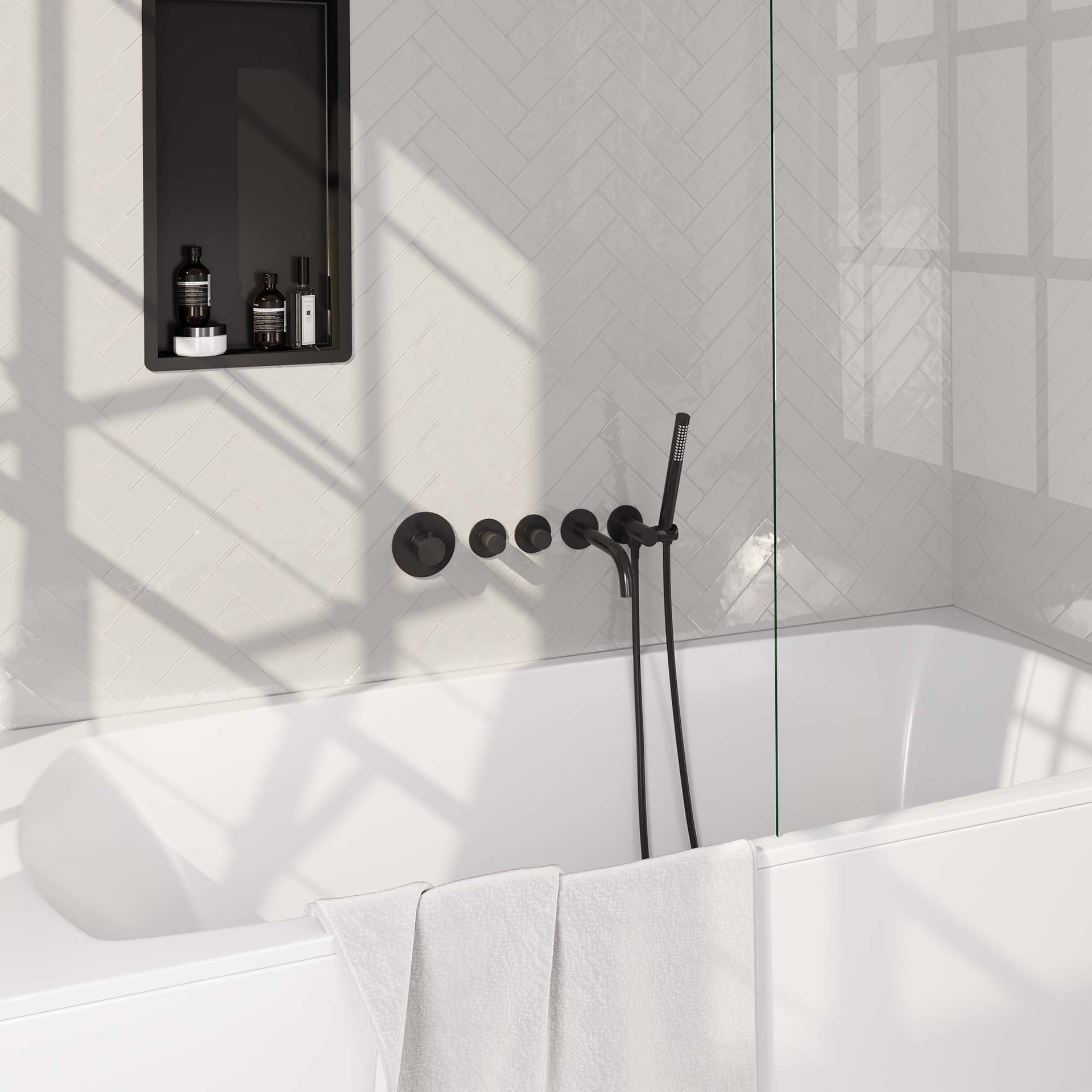 BRAUER Black Edition thermostatische inbouw badkraan SET 01 met uitloop en staaf handdouche en doucheslang en wandaansluitbocht mat zwart