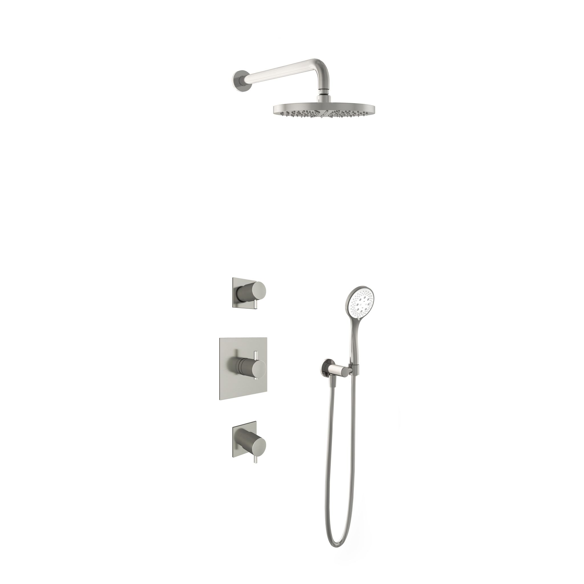 Hotbath Laddy Inbouw Regendoucheset Rond-Vierkant Met 2 Stopkranen, Wandarm, Hoofddouche 25cm En 3-Standen Handdouche Geborsteld Nikkel