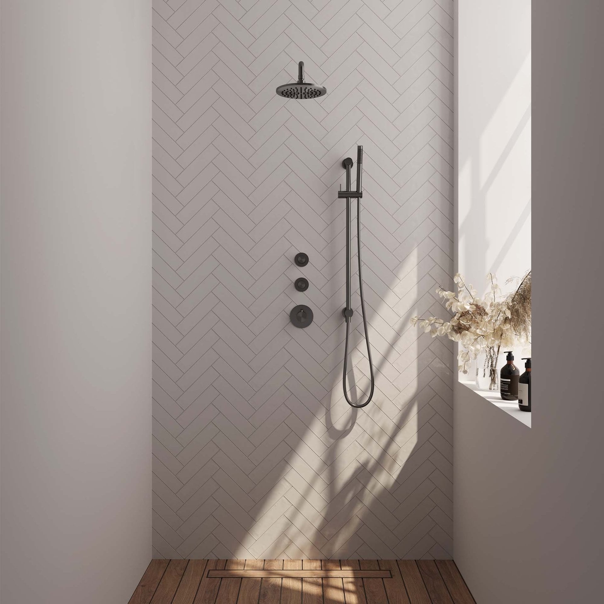 BRAUER Gunmetal Carving thermostatische inbouw regendouche SET 15 met 20 cm douchekop en gebogen muurarm en staaf handdouche en doucheslang en geïntegreerde glijstang gunmetal geborsteld PVD