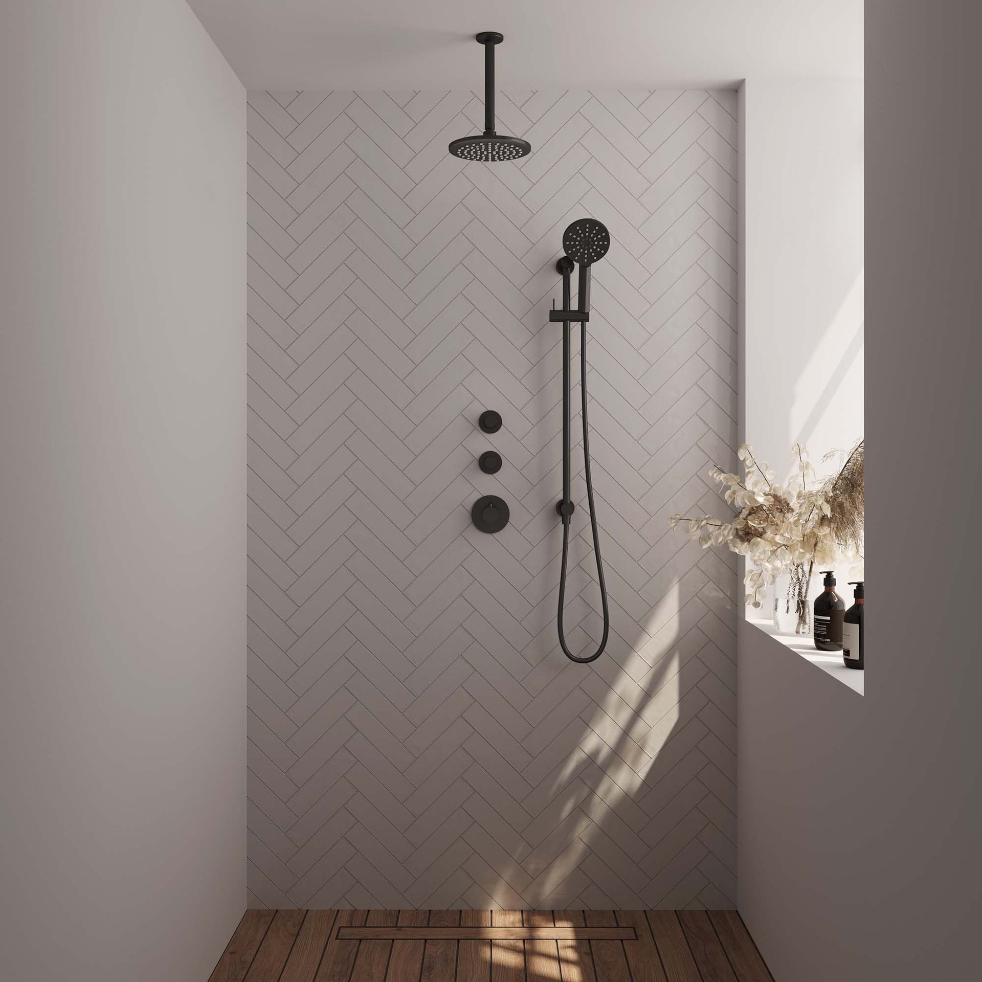 BRAUER Black Carving thermostatische inbouw regendouche SET 23 met 20 cm douchekop en plafondarm en 3-standen handdouche en doucheslang en geïntegreerde glijstang mat zwart