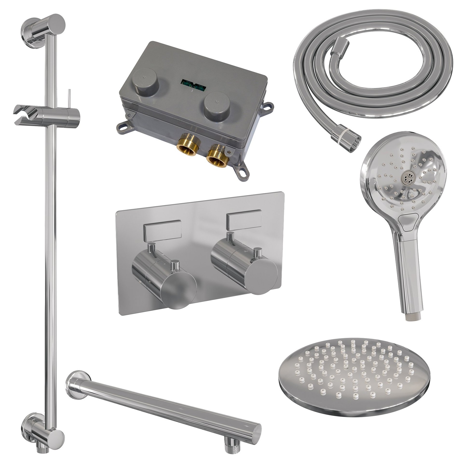 BRAUER Chrome Edition thermostatische inbouw regendouche met drukknoppen SET 67 met 20 cm douchekop en rechte muurarm en 3-standen handdouche en doucheslang en geïntegreerde glijstang chroom