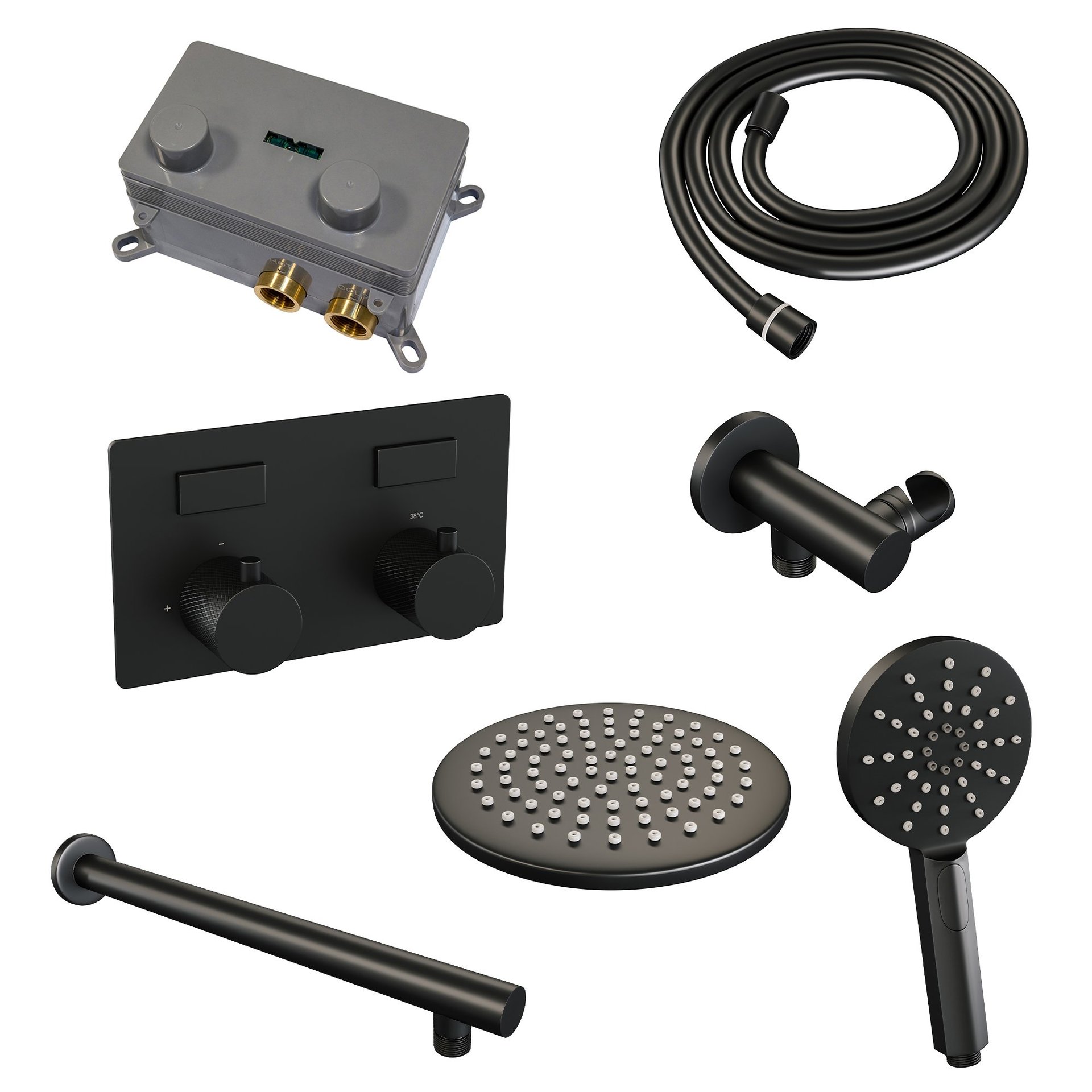 BRAUER Black Carving thermostatische inbouw regendouche met drukknoppen SET 55 met 20 cm douchekop en rechte muurarm en 3-standen handdouche en doucheslang en wandaansluitbocht mat zwart