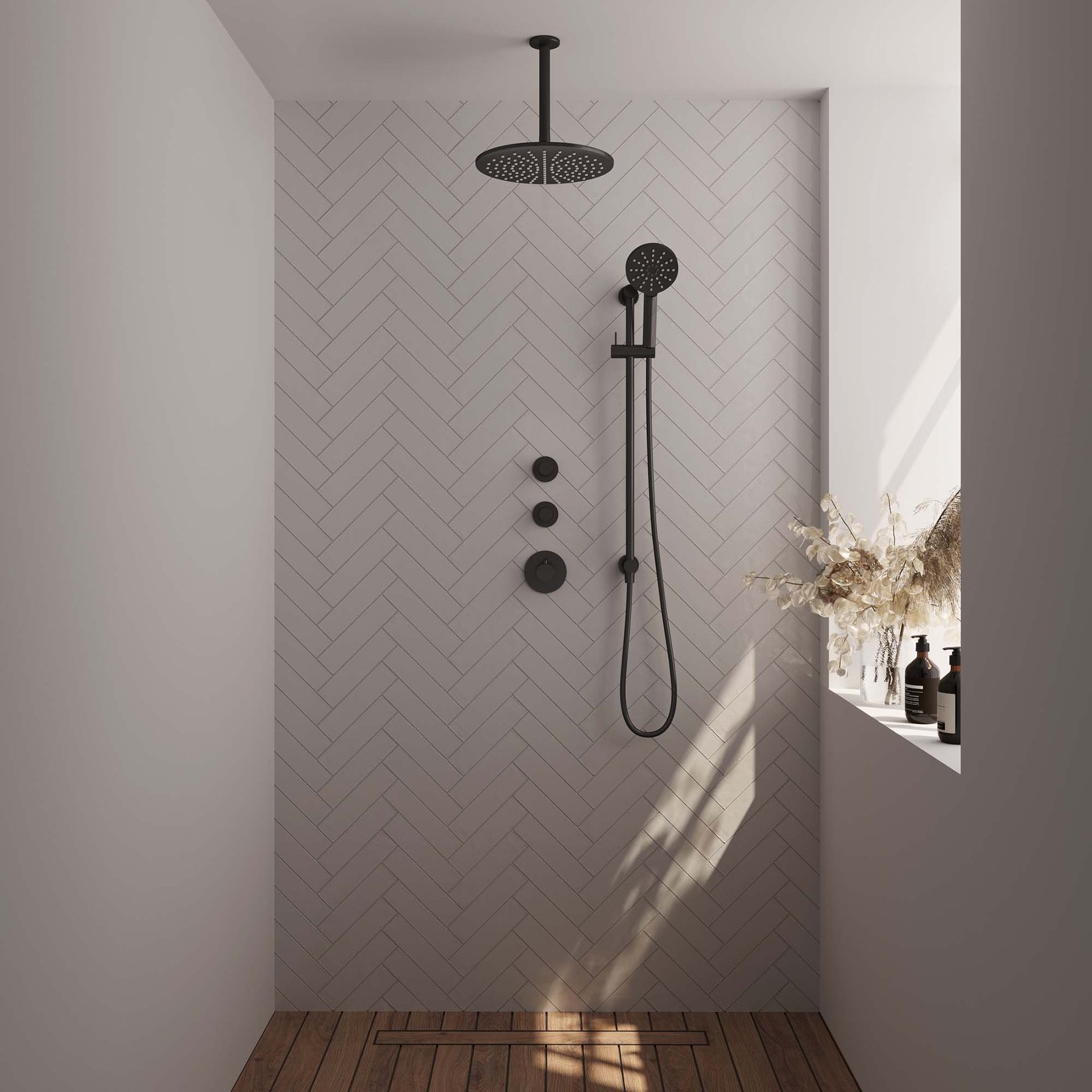BRAUER Black Edition thermostatische inbouw regendouche SET 24 met 30 cm douchekop en plafondarm en 3-standen handdouche en doucheslang en geïntegreerde glijstang mat zwart