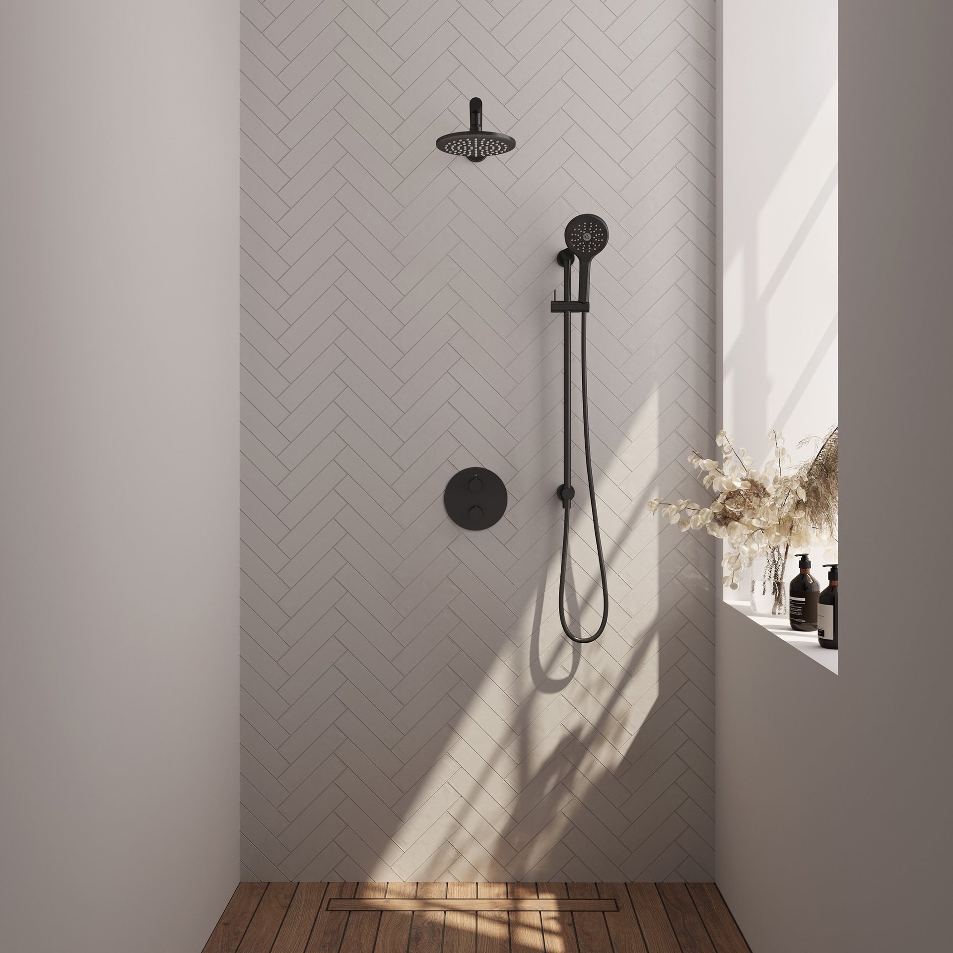BRAUER Black Edition thermostatische inbouw regendouche 3-weg rond SET 91 met 20 cm douchekop en rechte muurarm en 3-standen handdouche en doucheslang en geïntegreerde glijstang mat zwart