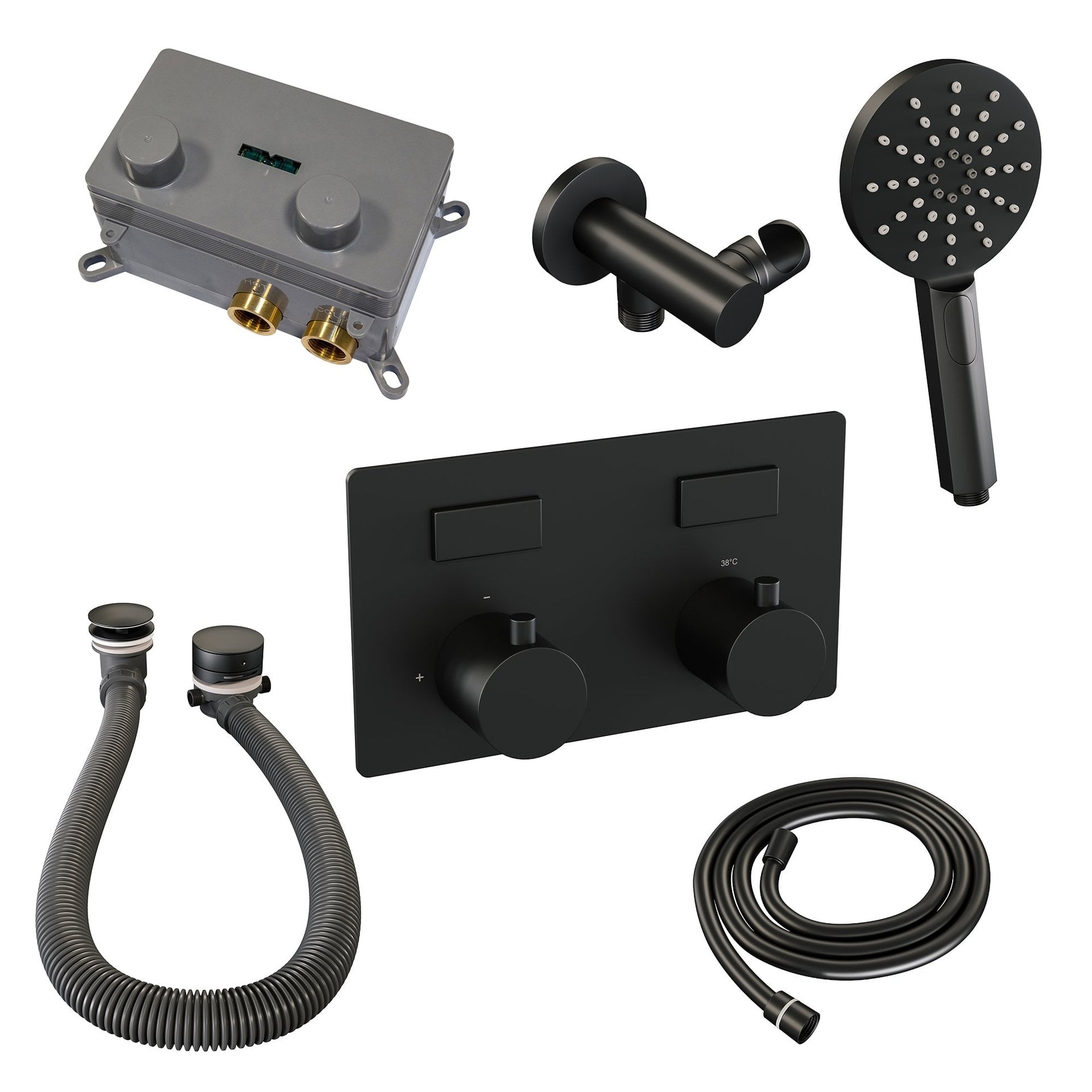 BRAUER Black Edition thermostatische inbouw badkraan met drukknoppen SET 04 met badvulcombinatie en 3-standen handdouche en doucheslang en wandaansluitbocht mat zwart
