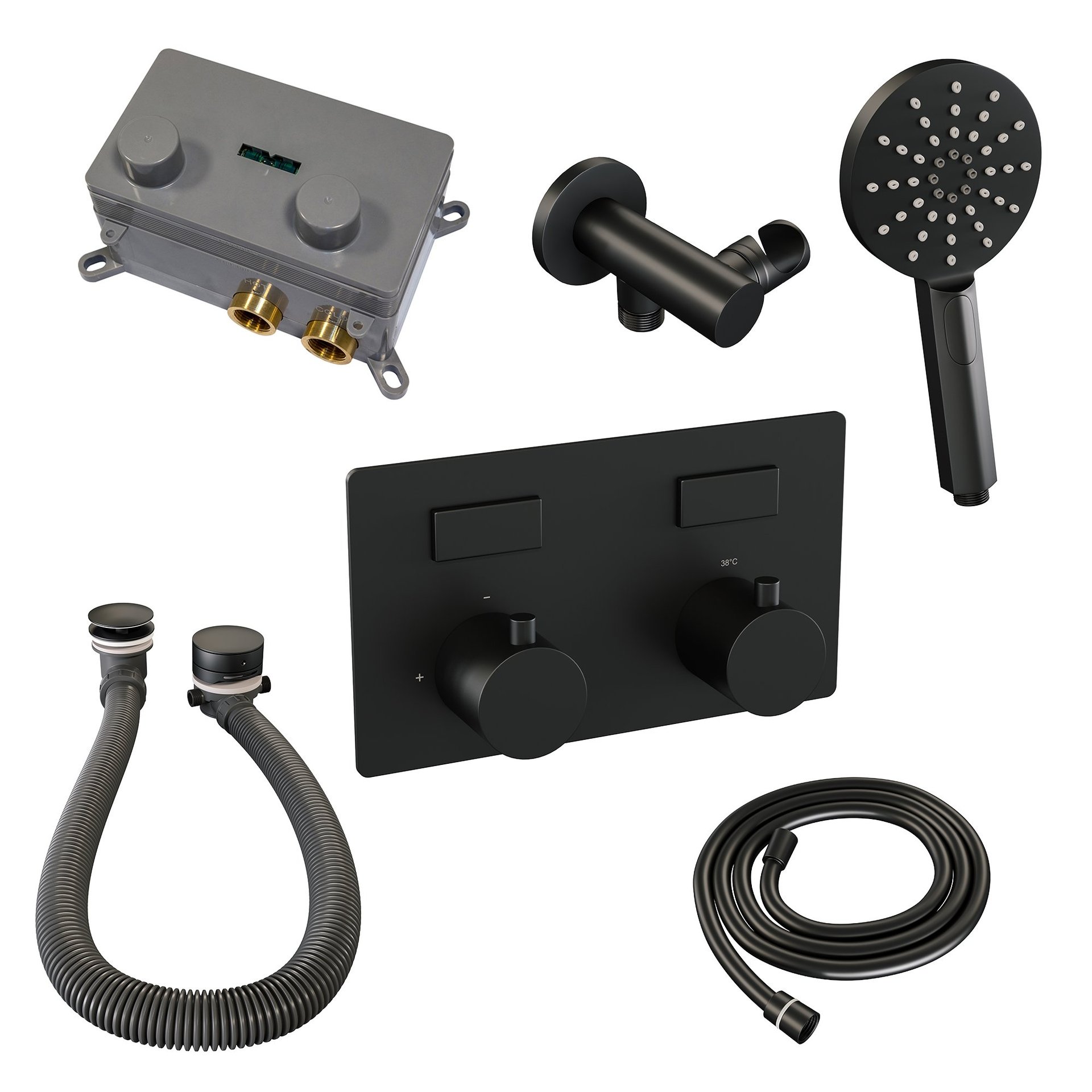 BRAUER Black Edition thermostatische inbouw badkraan met drukknoppen SET 04 met badvulcombinatie en 3-standen handdouche en doucheslang en wandaansluitbocht mat zwart